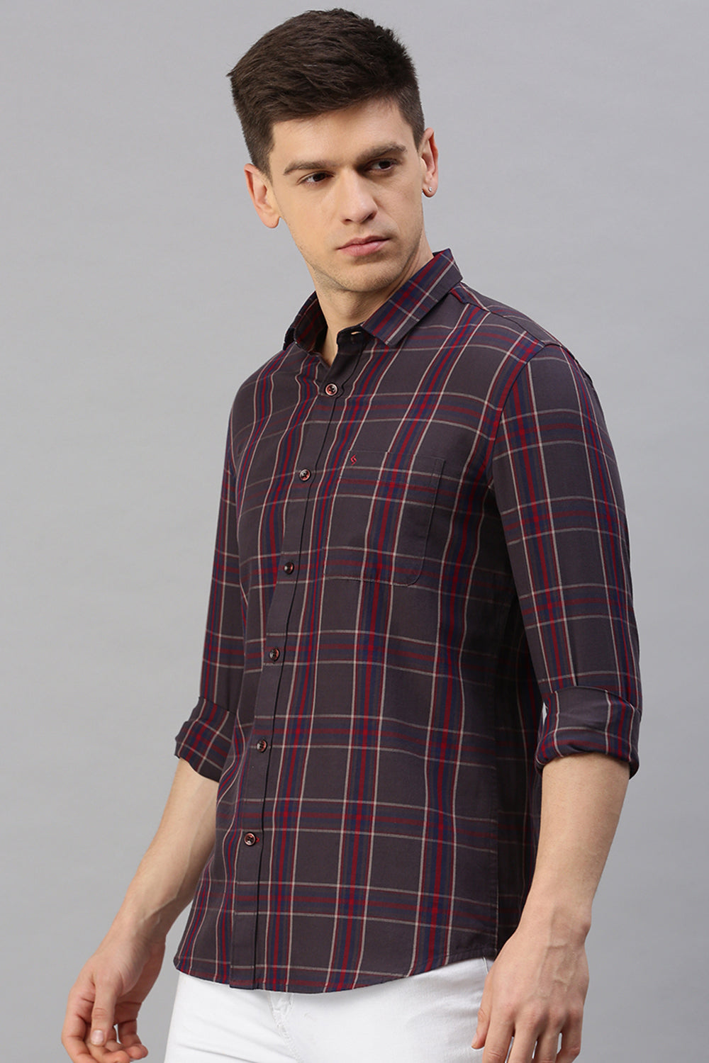 Classic Polo Men's Cotton Full Sleeve Checked Slim Fit Polo Neck Maroon Color Woven Shirt | So1-02 B