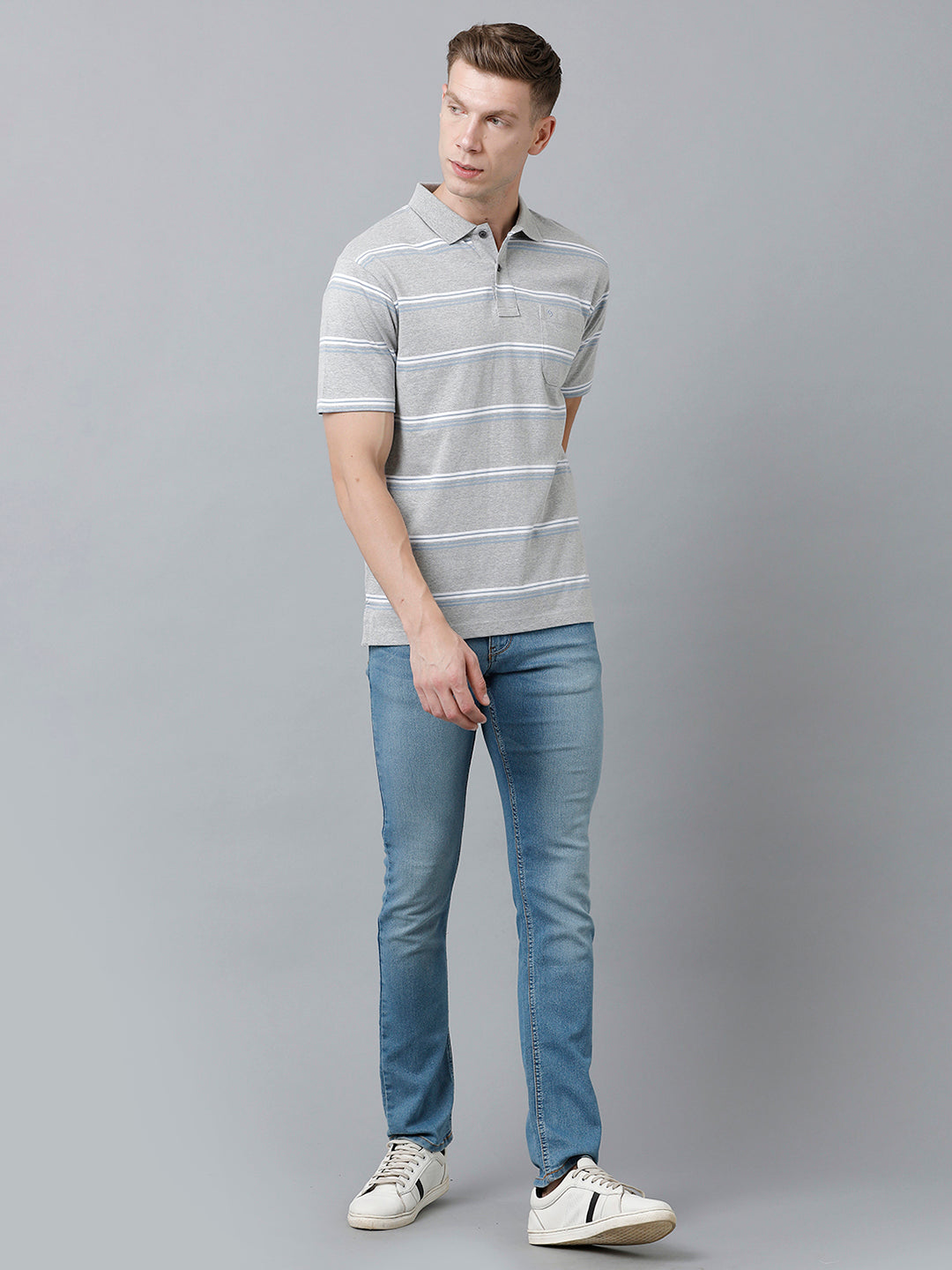 Classic Polo Men's Cotton Blend Half Sleeve Striped Authentic Fit Polo Neck Light Grey Color T-Shirt | Avon - 527 B