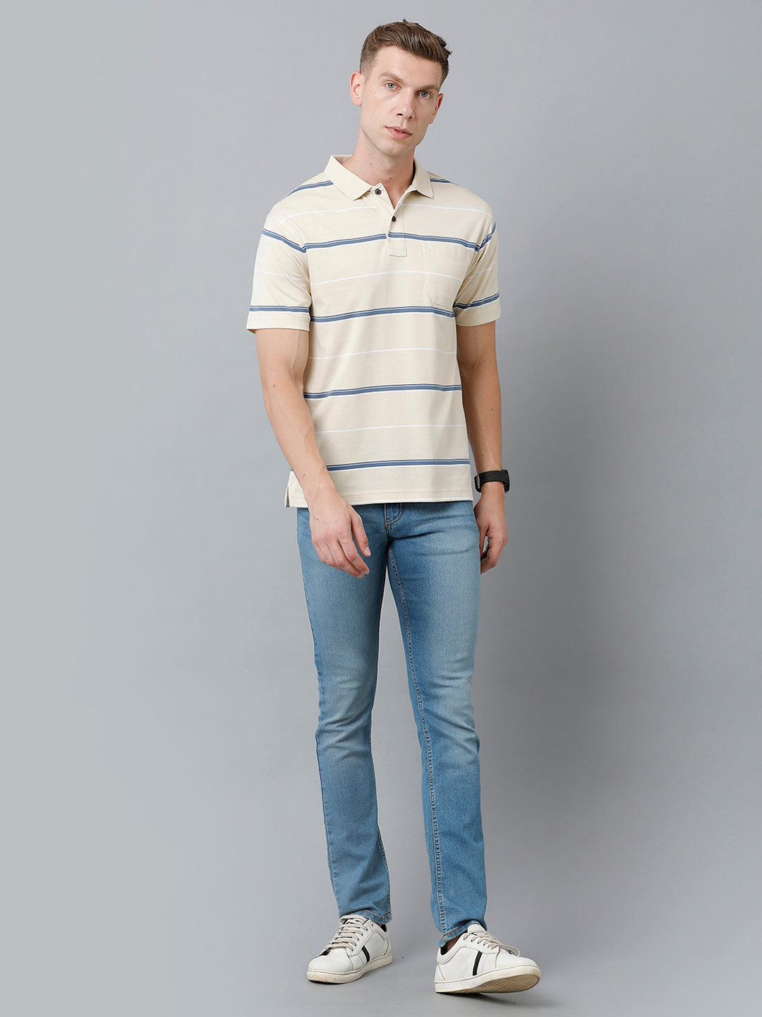 Classic Polo Men's Cotton Blend Half Sleeve Striped Authentic Fit Polo Neck Cream Color T-Shirt | Avon - 520 A