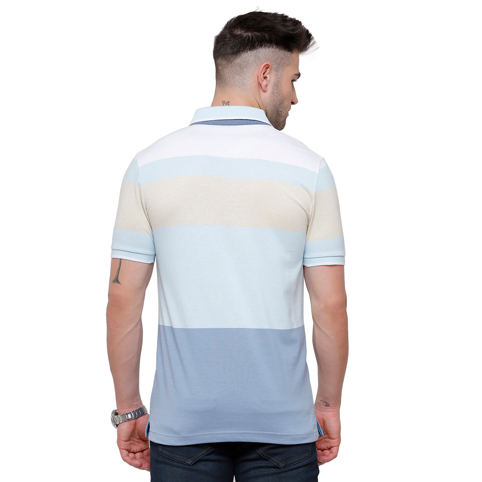Classic Polo Mens Multi Blue Stripped Half Sleeve Slim Fit Polo Neck T-Shirt - Vta 182 B T-shirt Classic Polo 