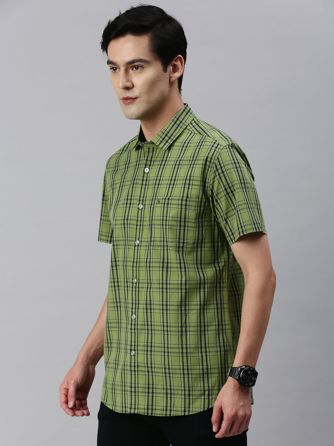 Classic Polo Men's Cotton Half Sleeve Checked Slim Fit Collar Neck Green Color Woven Shirt | So1-166 A