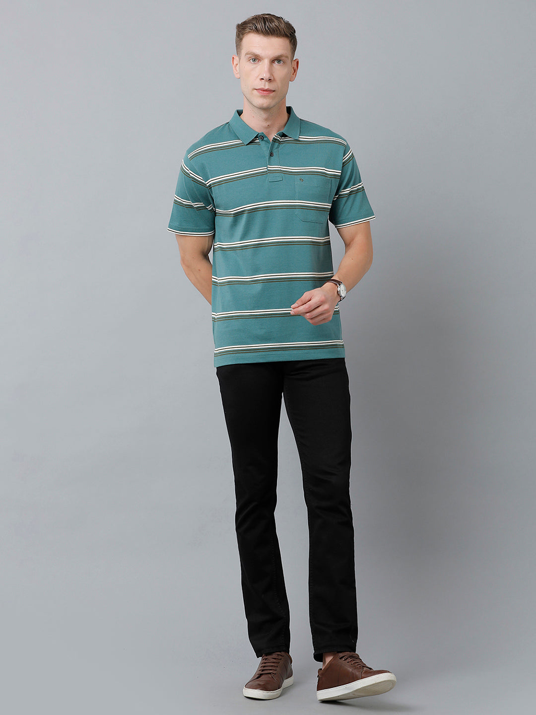 Classic Polo Men's Cotton Blend Half Sleeve Striped Authentic Fit Polo Neck Teal Grey Color T-Shirt | Avon - 527 A