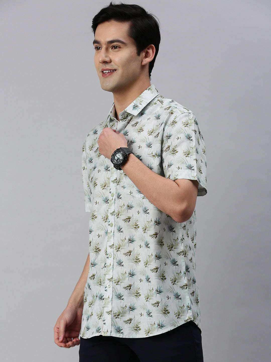 Classic Polo Men's Cotton Half Sleeve Printed Slim Fit Collar Neck Green Color Woven Shirt | So1-28 A