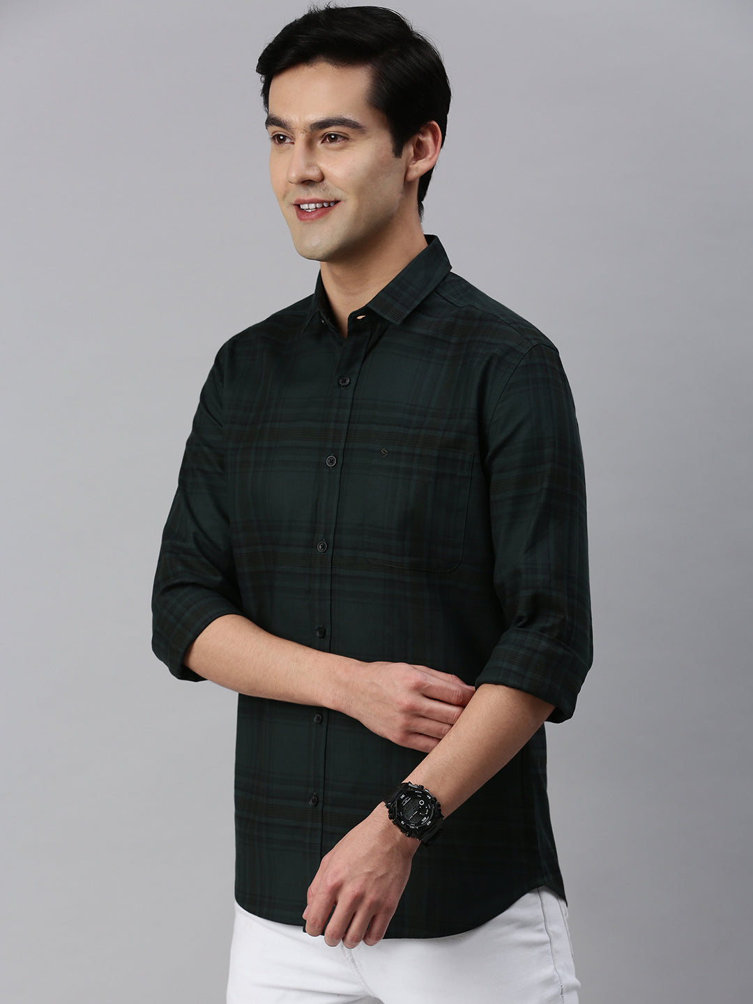 Classic Polo Men's Cotton Full Sleeve Checked Slim Fit Polo Neck Black Color Woven Shirt | So1-99 B