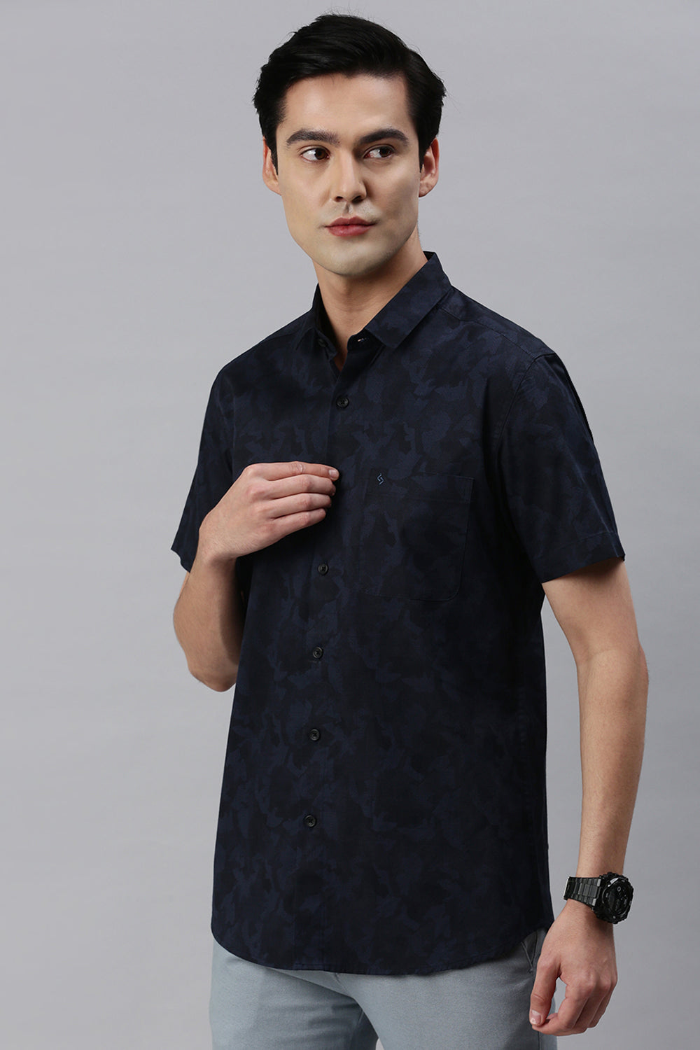 Classic Polo Men's Cotton Half Sleeve Printed Slim Fit Polo Neck Navy Color Woven Shirt | So1-11 C