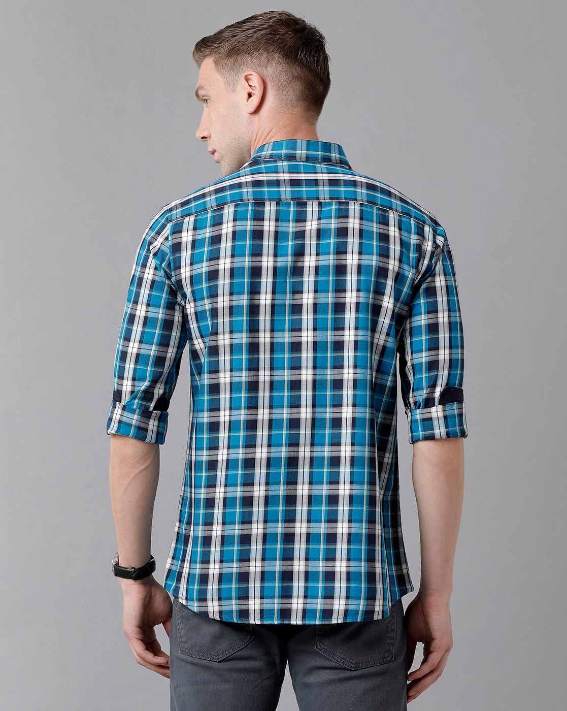 Classic Polo Men's Cotton Checked Full Sleeve Slim Fit Polo Neck Blue Color Woven Shirt | Sn2-73 B