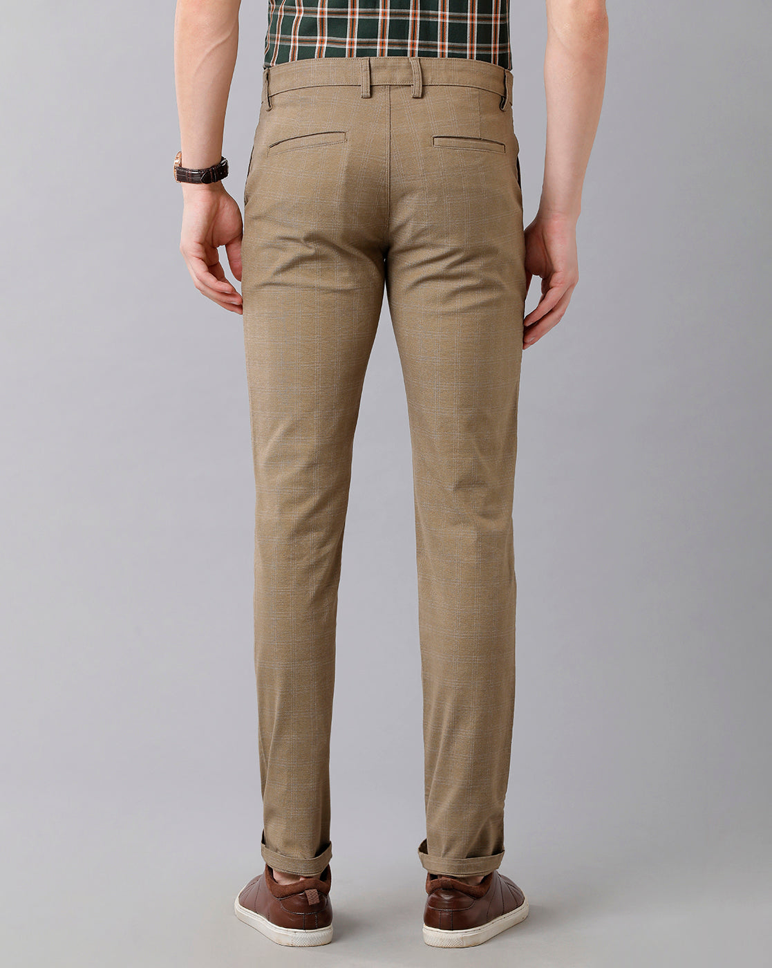 CP BRO Men's Cotton Checked Slim Fit Light Khaki Color Trousers | Tbn2-09 B