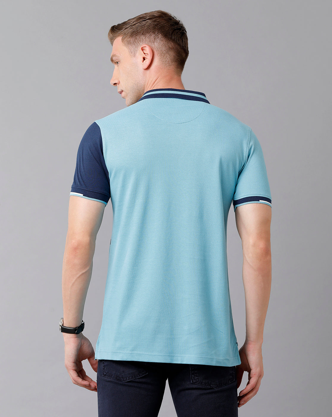 CP BRO Men's Cotton Color Block Half Sleeve Slim Fit Polo Neck Sky Blue Color T-Shirt | Brp - 336 B
