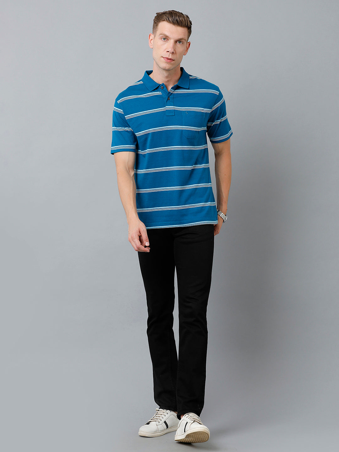 Classic Polo Men's Cotton Blend Half Sleeve Striped Authentic Fit Polo Neck Royal Blue Color T-Shirt | Avon - 526 A