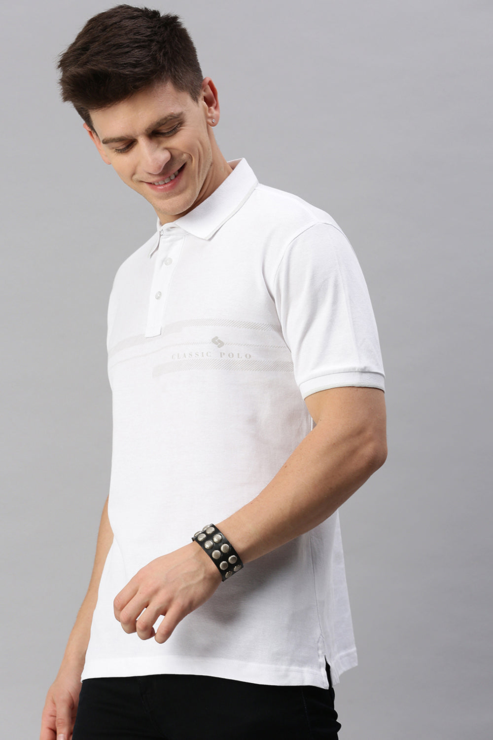 Classic Polo Men's Cotton Half Sleeve Printed Slim Fit Polo Neck White