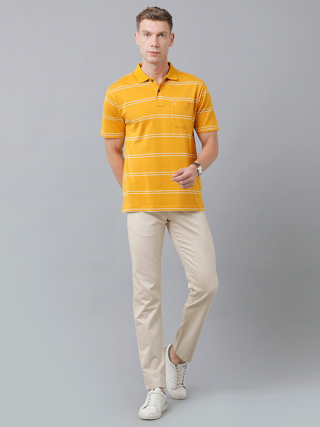 Classic Polo Men's Cotton Blend Half Sleeve Striped Authentic Fit Polo Neck Golden Yellow Color T-Shirt | Avon - 521 B