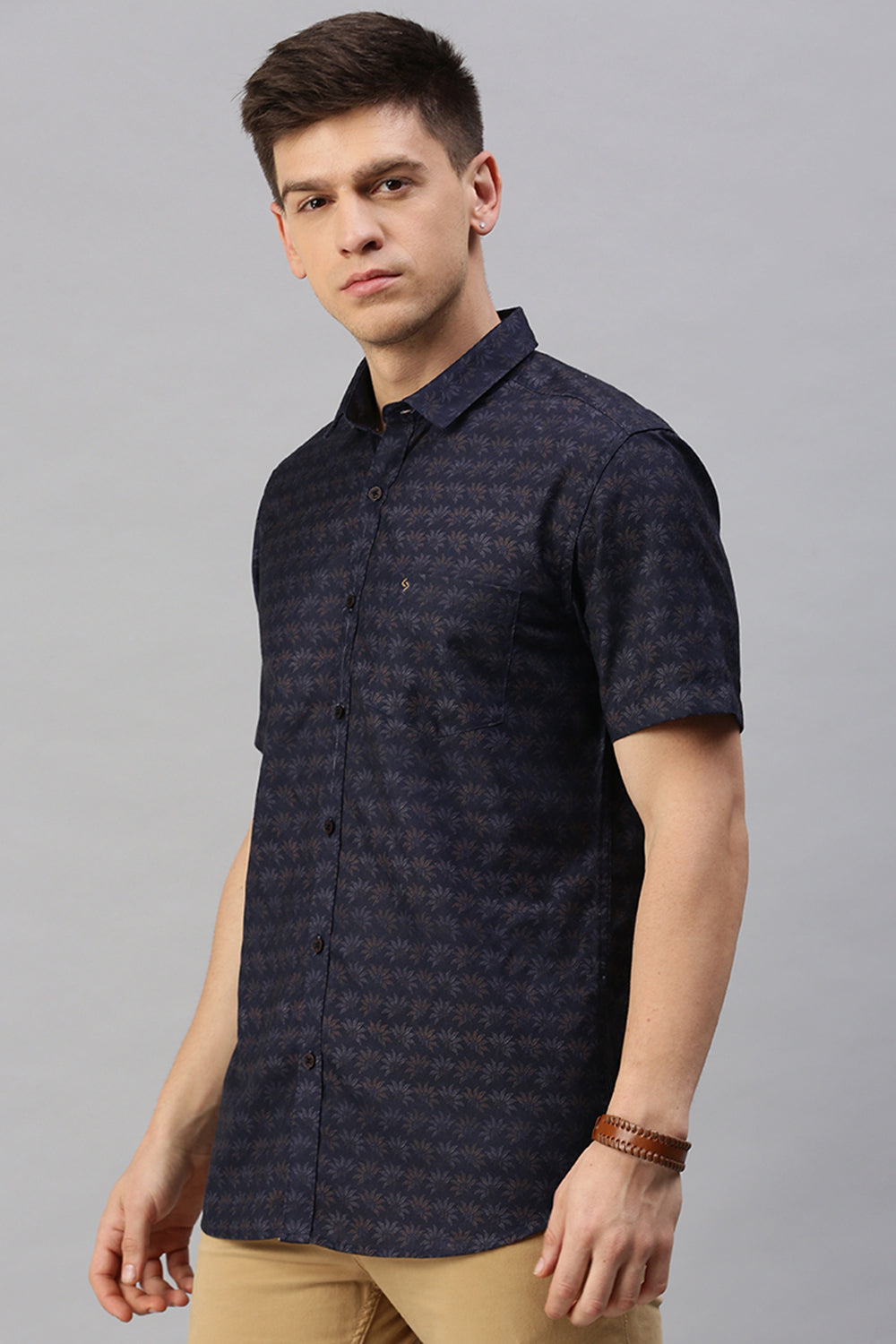 Classic Polo Men's Cotton Half Sleeve Printed Slim Fit Polo Neck Navy Color Woven Shirt | So1-28 B