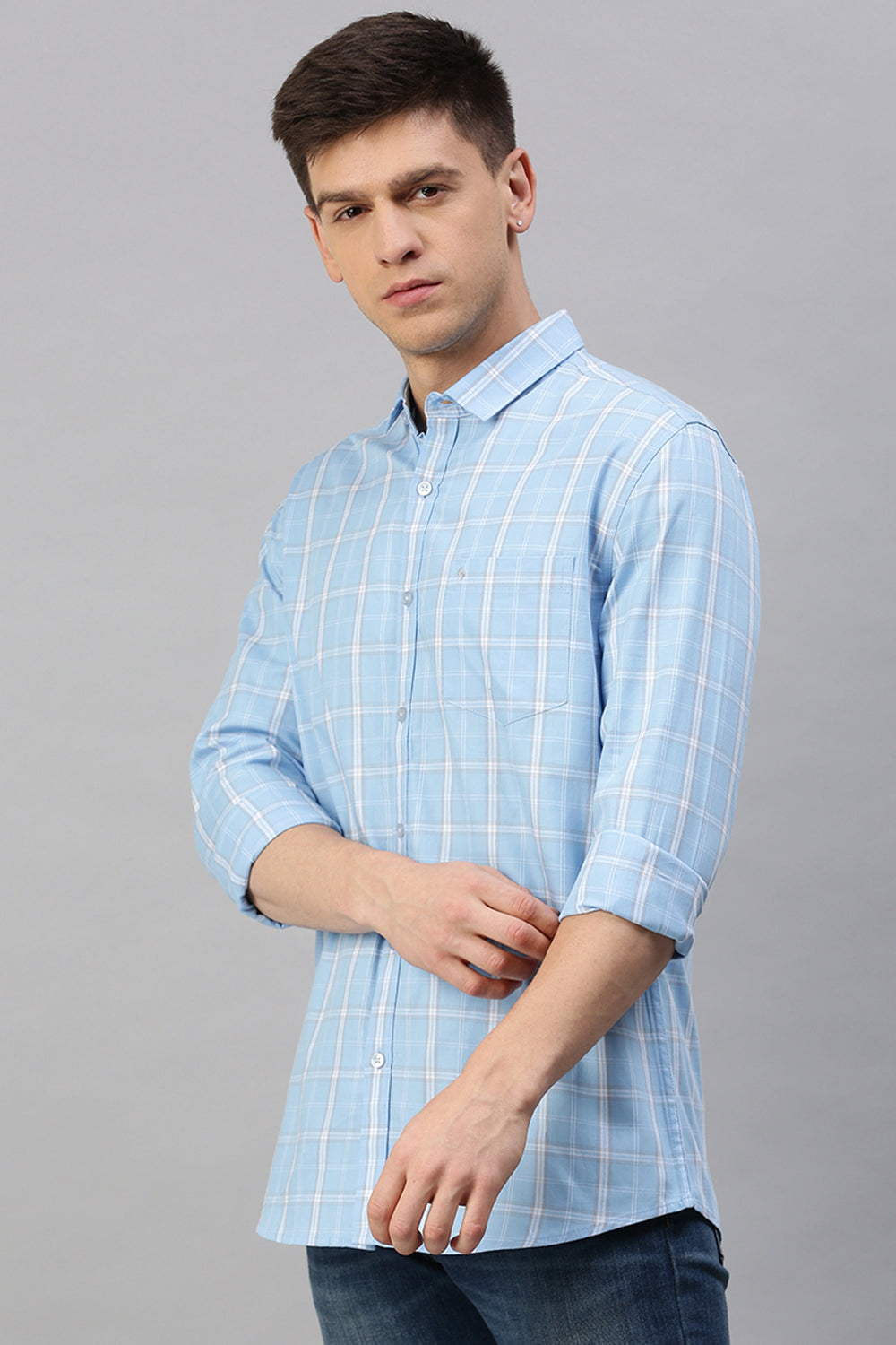 Classic Polo Men's Cotton Full Sleeve Checked Slim Fit Polo Neck Light Blue Color Woven Shirt | So1-95 B