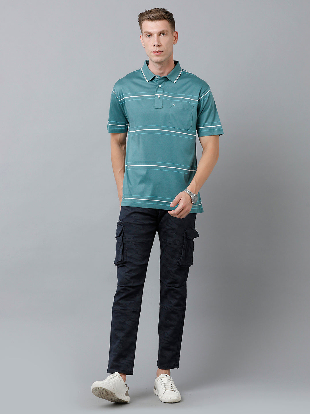 Classic Polo Men's Cotton Half Sleeve Striped Authentic Fit Polo Neck Green Color T-Shirt | Ultimo - 319 A