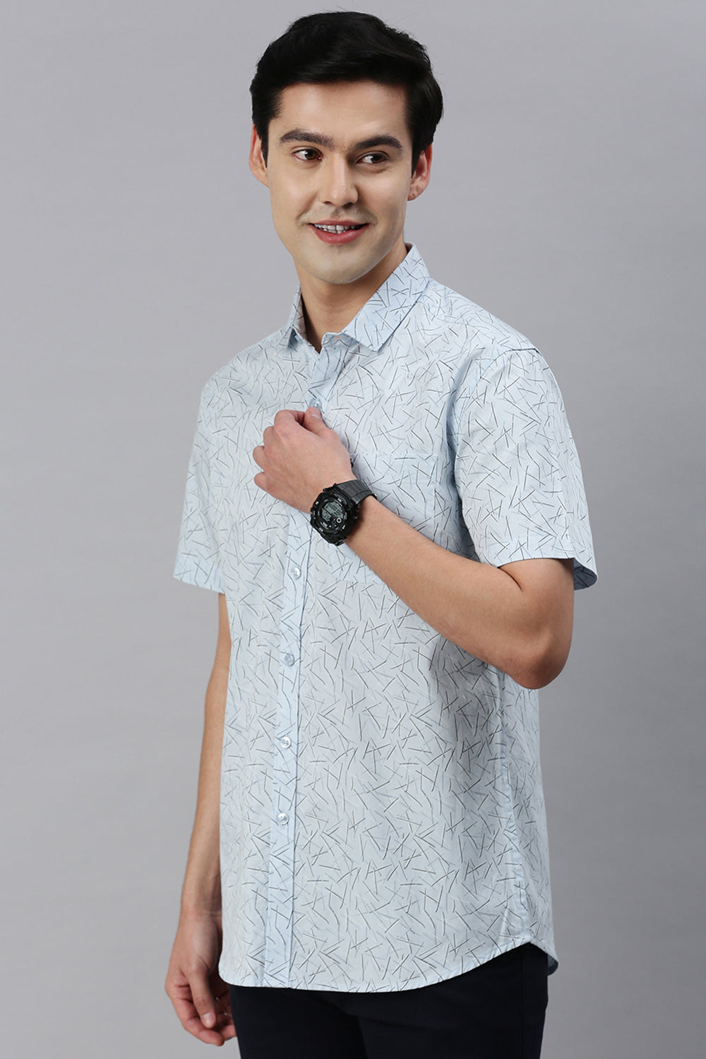 Classic Polo Men's Cotton Half Sleeve Printed Slim Fit Polo Neck Light Blue Color Woven Shirt | So1-03 A