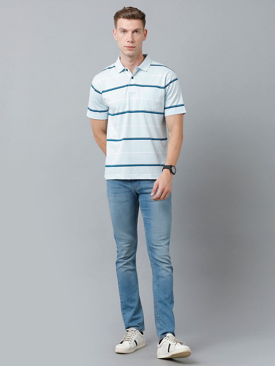 Classic Polo Men's Cotton Blend Half Sleeve Striped Authentic Fit Polo Neck Sky Blue Color T-Shirt | Avon - 520 B