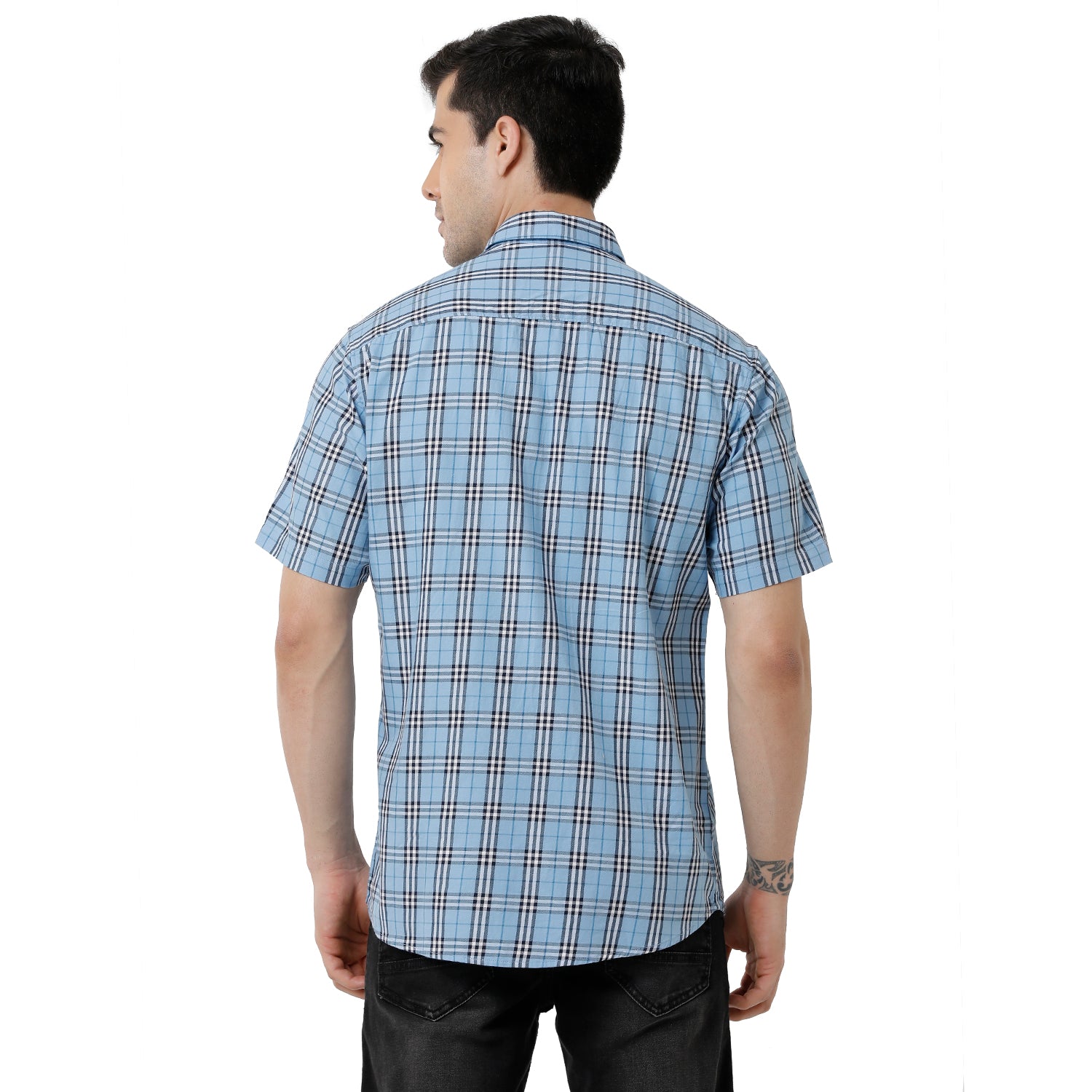 Classic Polo Mens Checked Slim Fit Half Sleeve Azure Blue Color Shirt - SN1-121 A Shirts Classic Polo 