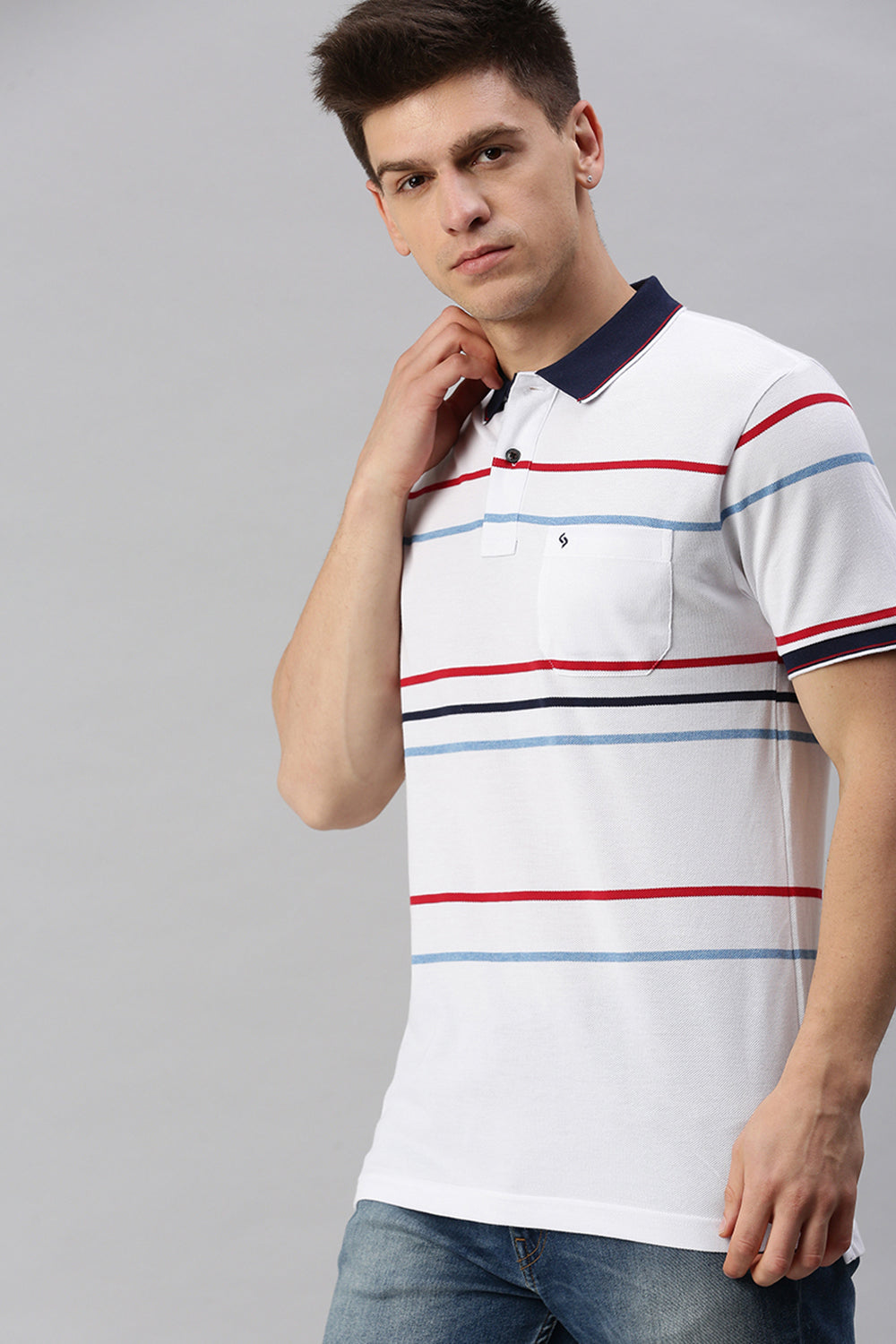 Classic Polo Men's Cotton Blend Half Sleeve Striped Slim Fit Polo Neck White Color T-Shirt | Adore - 193 B