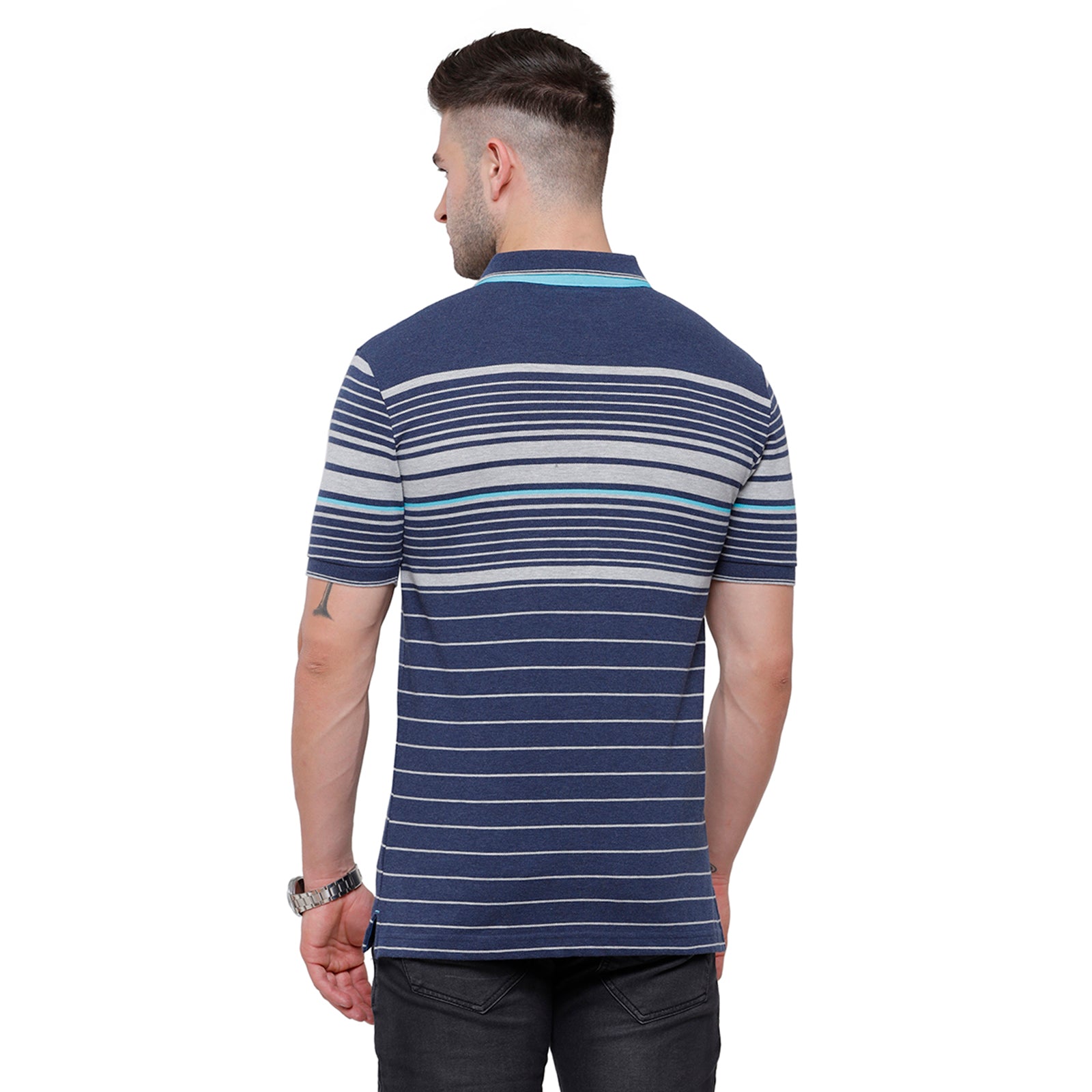 Classic Polo Mens Navy & Grey Stripped Half Sleeve Slim Fit Polo Neck T-Shirt - VTA 183 A T-shirt Classic Polo 