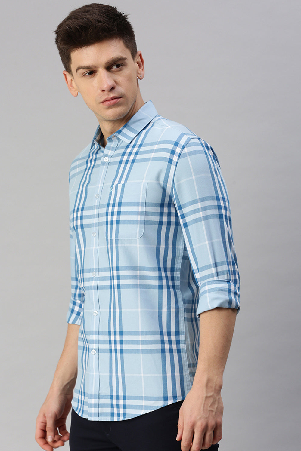 CP BRO Men's Cotton Full Sleeve Checked Slim Fit Collar Neck Light Blue Color Woven Shirt | Sbo1-28 B