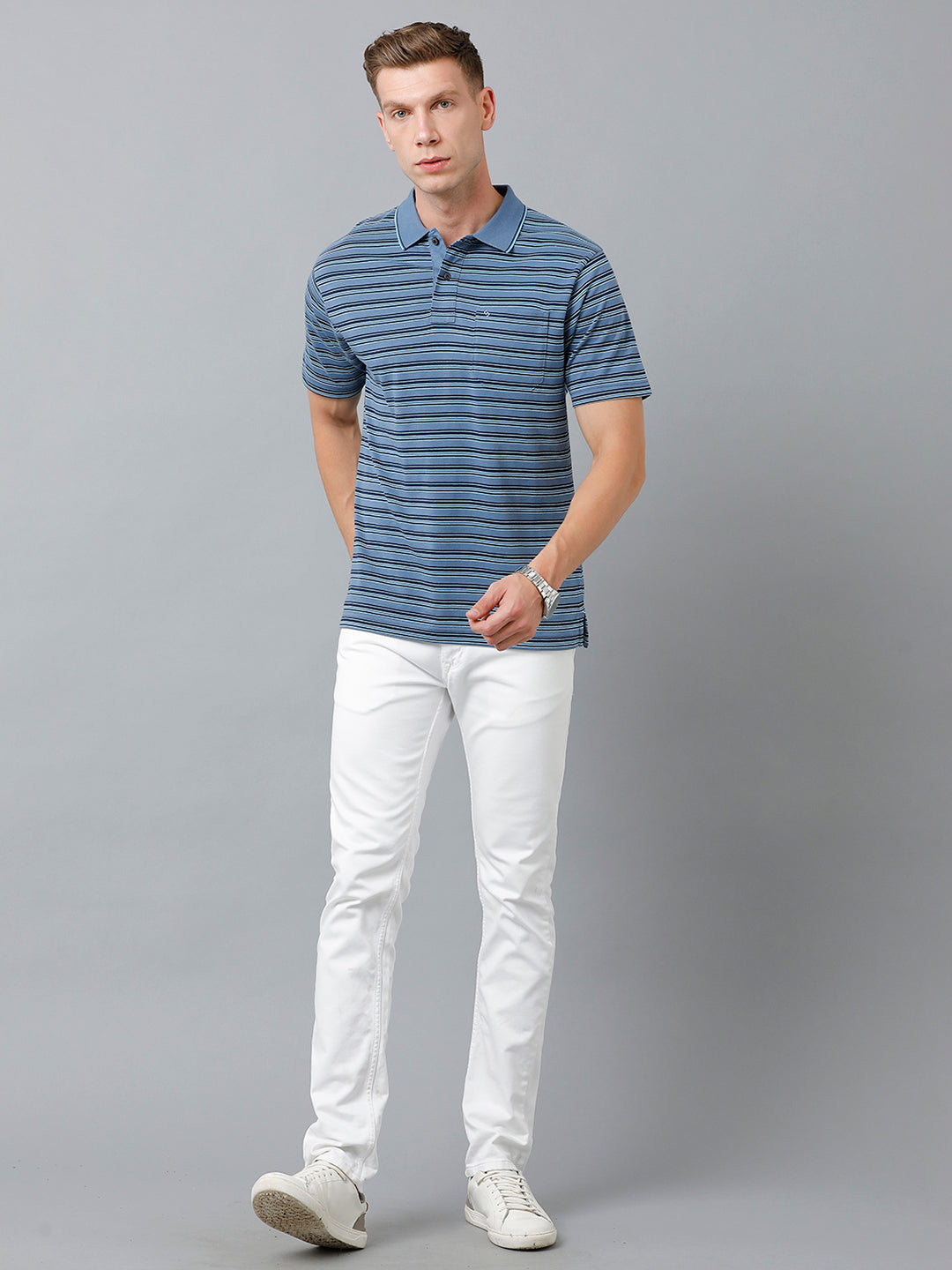 Classic Polo Men's Cotton Half Sleeve Striped Authentic Fit Polo Neck Teal Blue Color T-Shirt | Feeders - 217 A