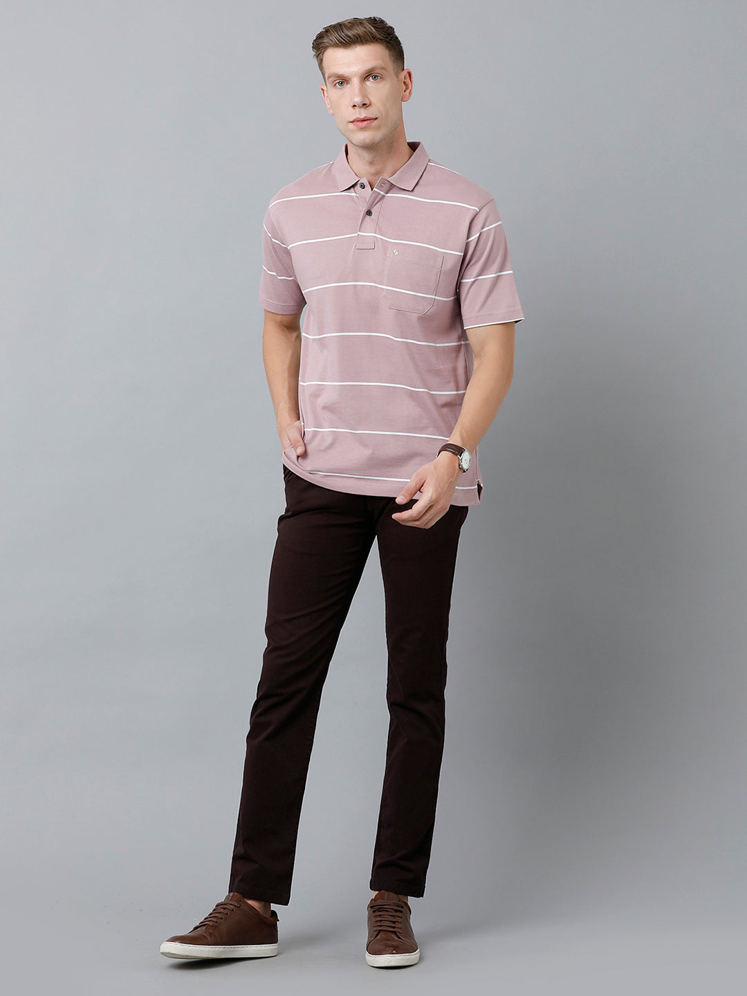 Classic Polo Men's Cotton Blend Half Sleeve Striped Authentic Fit Polo Neck Grape Violet Color T-Shirt | Avon - 518 B