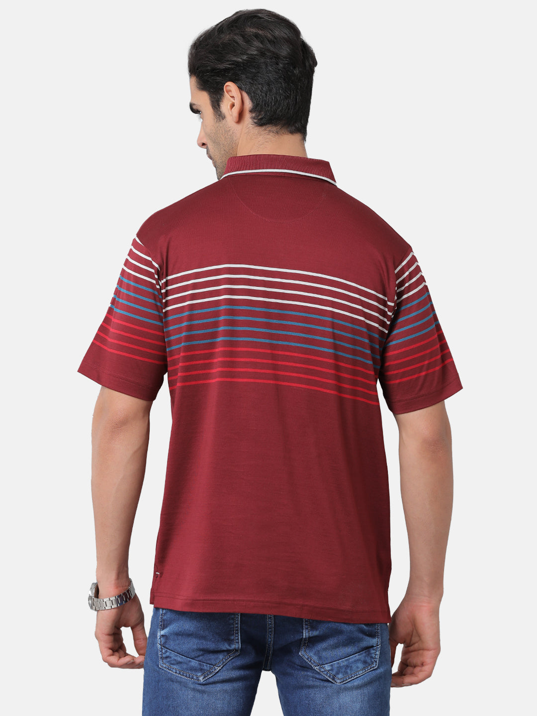 Classic Polo Mens Striped Authentic Fit Polo Neck Maroon Color T-Shirt | Ultimo 275A