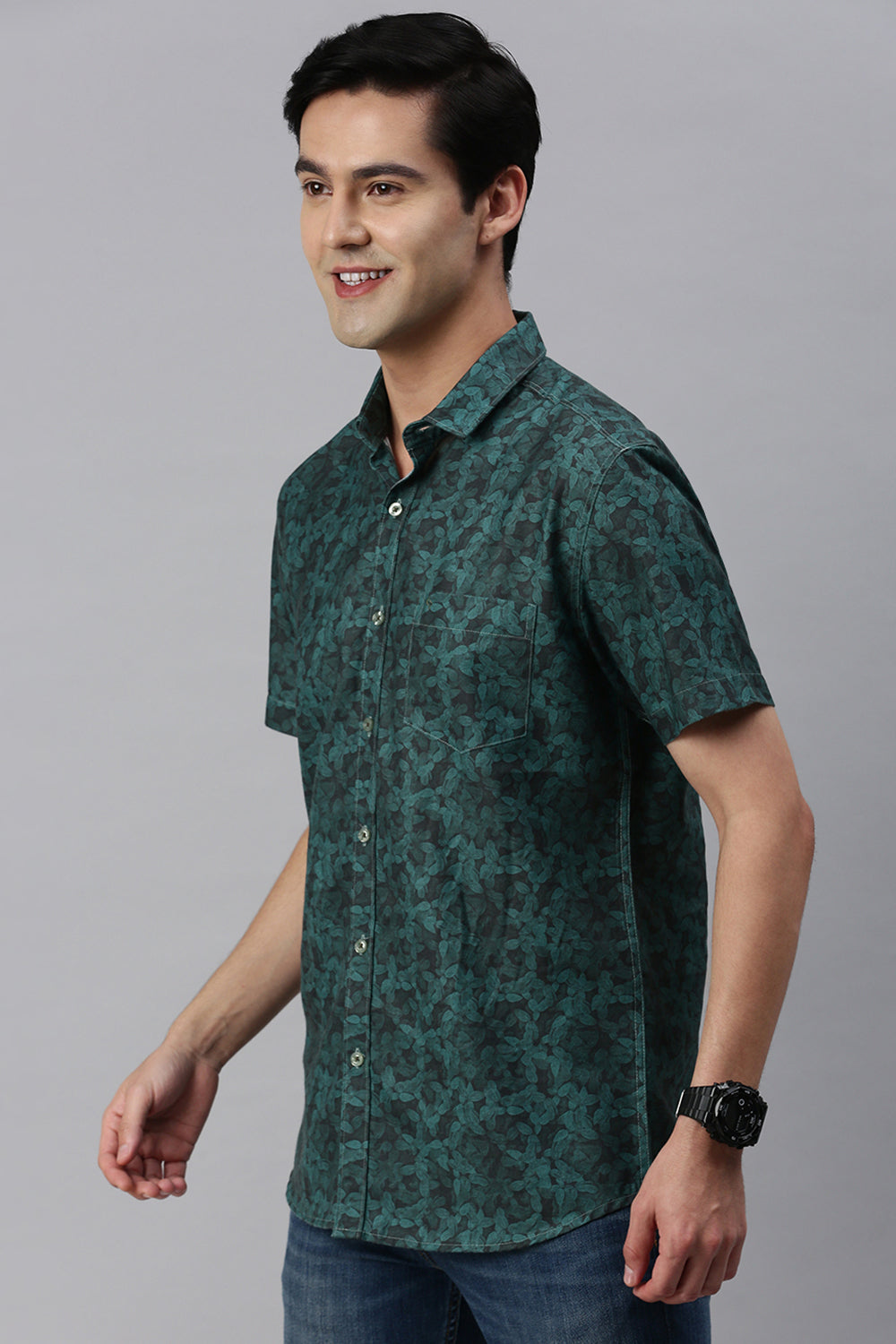 Classic Polo Men's Cotton Full Sleeve Printed Slim Fit Polo Neck Green Color Woven Shirt | So1-30 A
