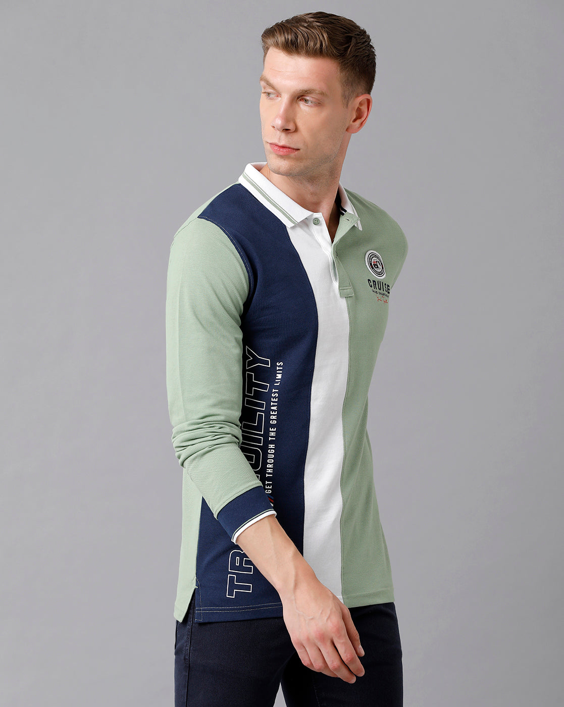 CP BRO Men's Cotton Color Block Full Sleeve Slim Fit Polo Neck Green Color T-Shirt | Brp Fs - 331 A