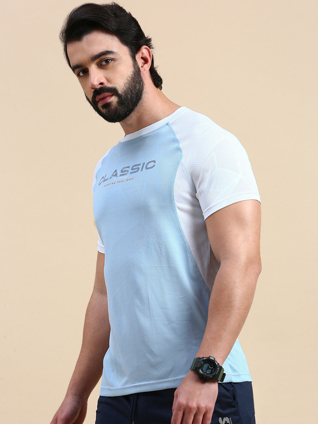 Classic Polo Men's Round Neck Polyester Blue/White Slim Fit Active Wear T-Shirt | GENX-CREW 05A SF C