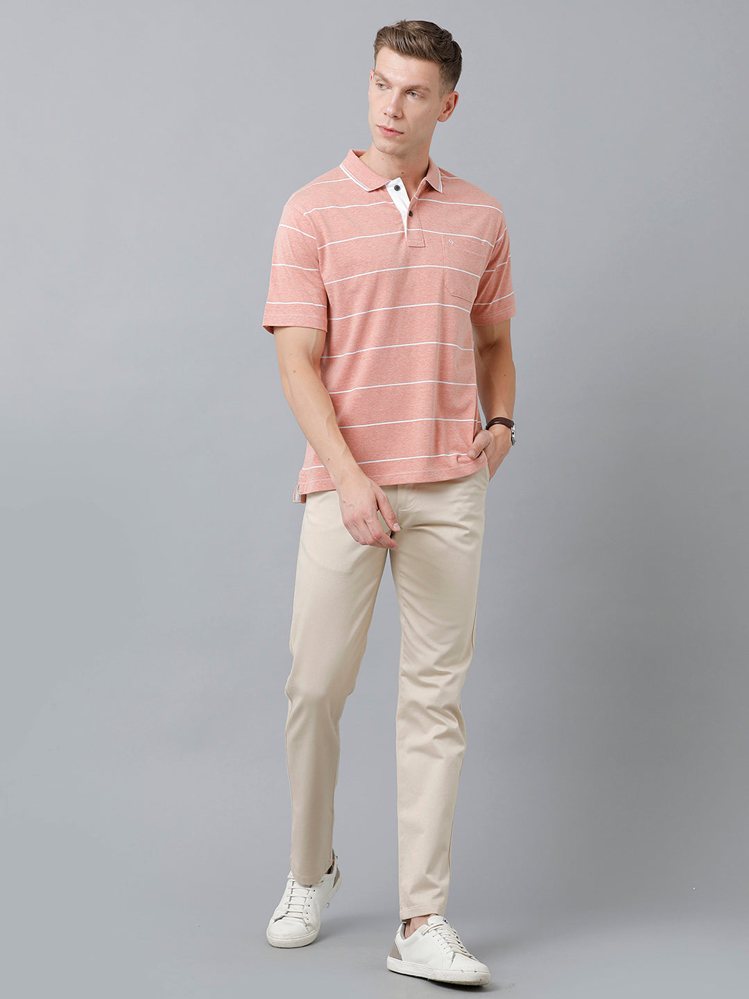 Classic Polo Men's Cotton Blend Half Sleeve Striped Authentic Fit Polo Neck Peach Color T-Shirt | Mel - 225 A