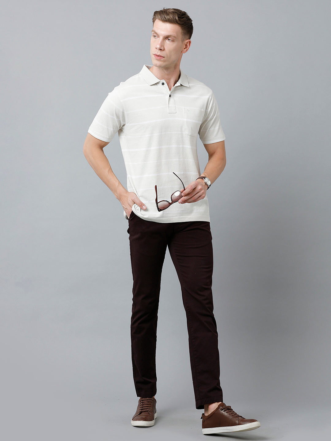 Classic Polo Men's Cotton Blend Half Sleeve Striped Authentic Fit Polo Neck Beige Color T-Shirt | Avon - 516 B