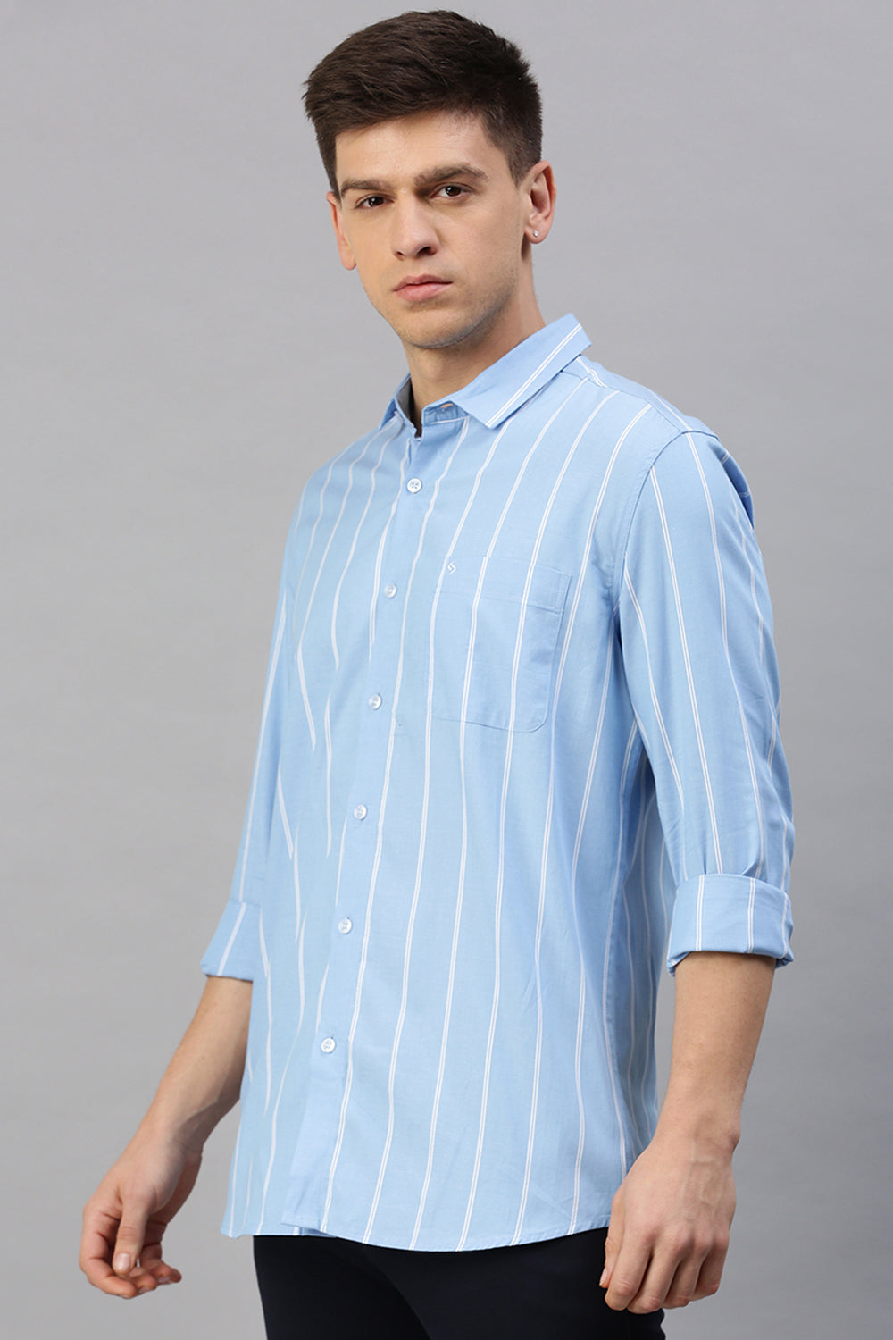 Classic Polo Men's Cotton Full Sleeve Striped Slim Fit Polo Neck Light Blue Color Woven Shirt | So1-39 B
