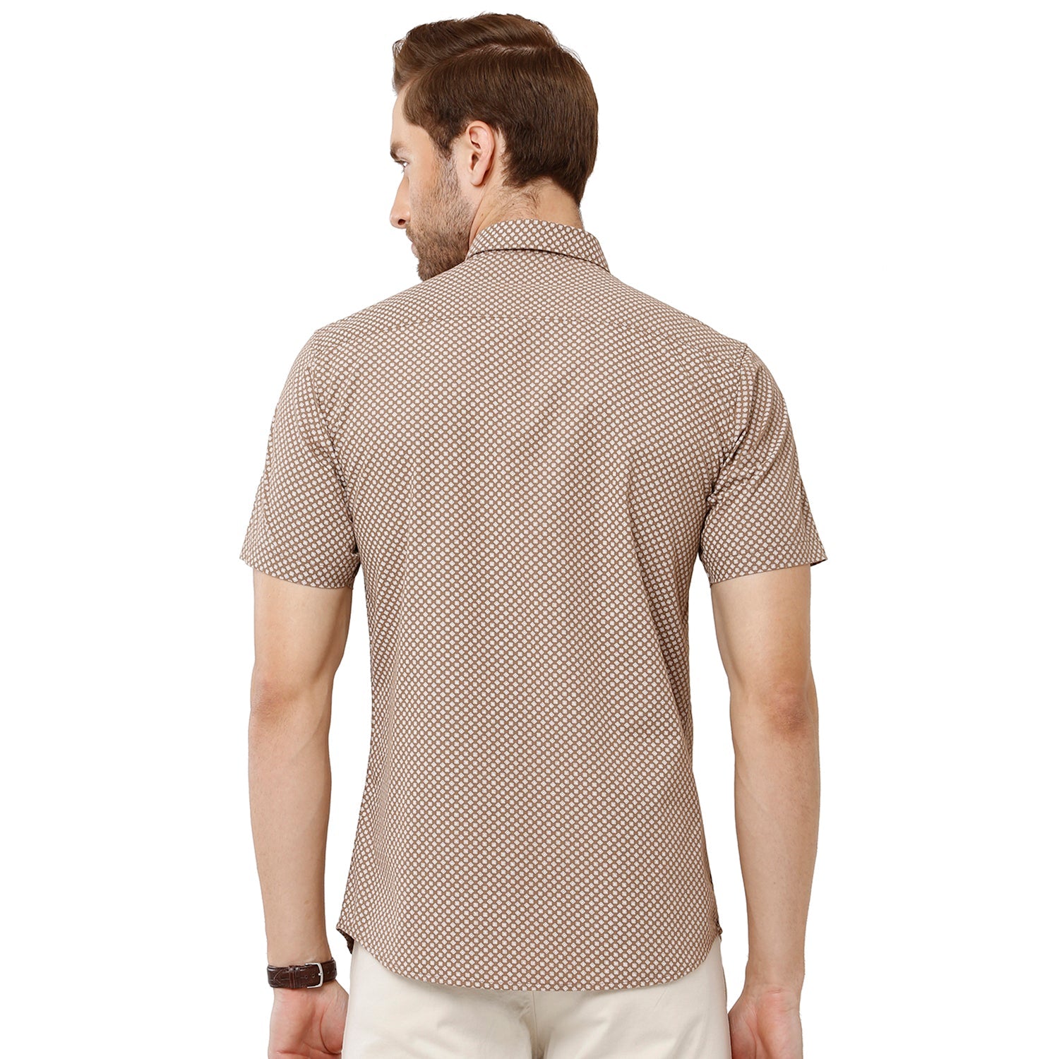 Classic Polo Mens 100% Cotton Half Sleeve Printed Slim Fit Beige Color Woven Shirt -SN1 56 B Shirts Classic Polo 