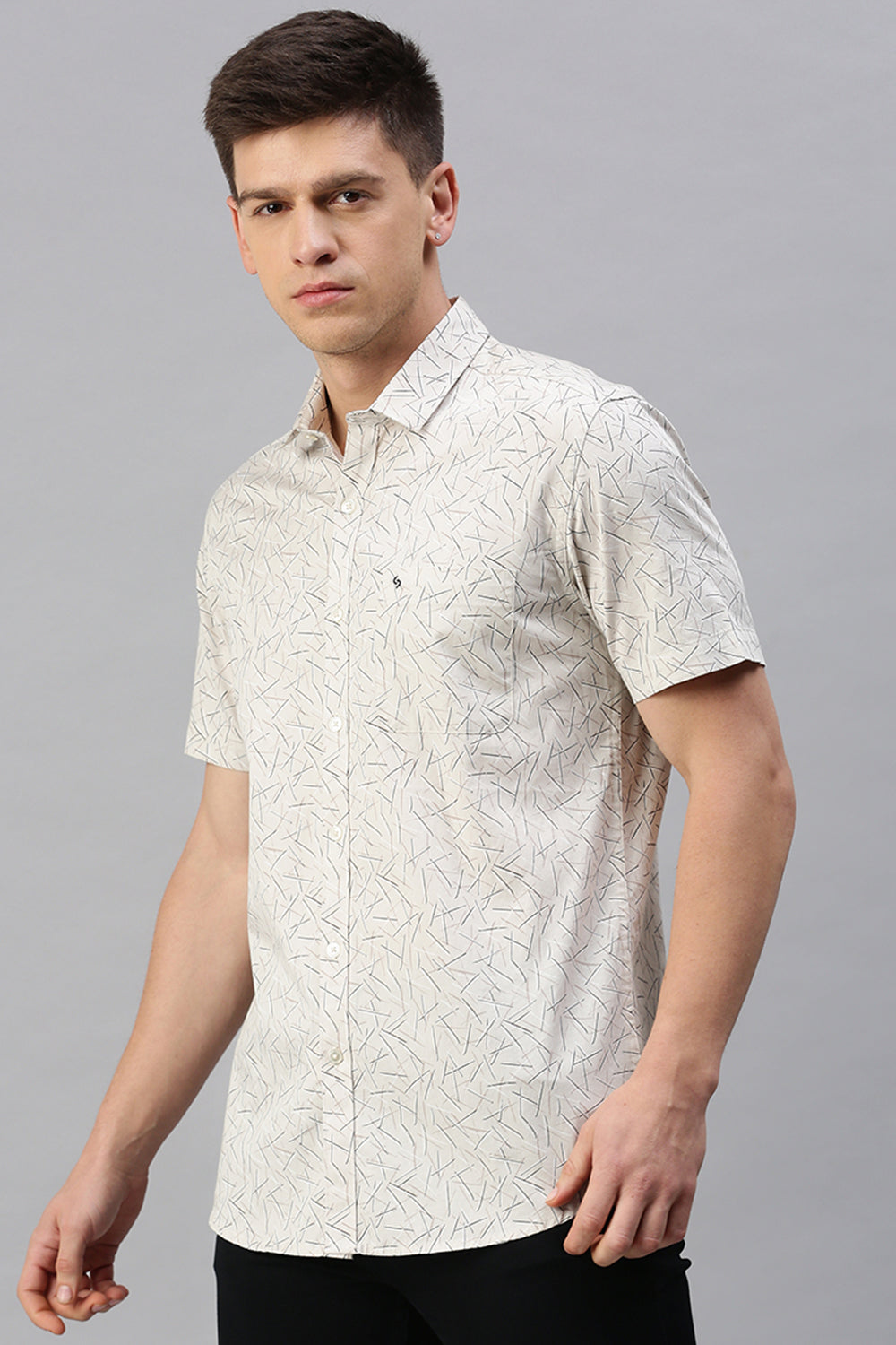 Classic Polo Men's Cotton Half Sleeve Printed Slim Fit Polo Neck Cream Color Woven Shirt | So1-03 B