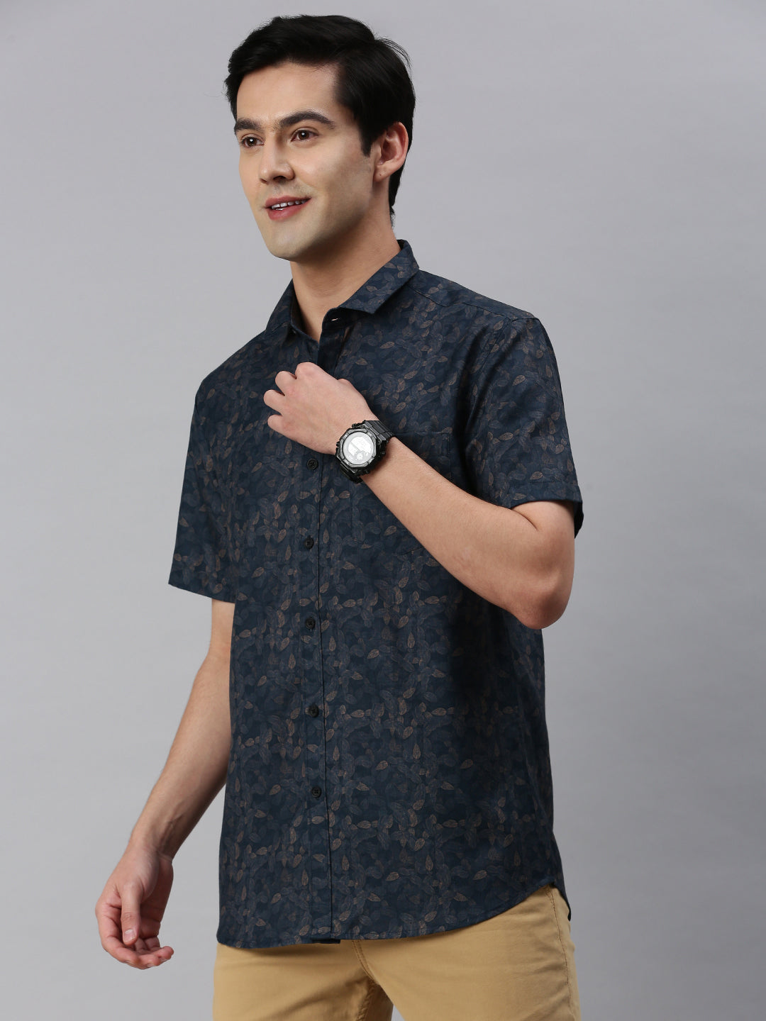 Classic Polo Men's Cotton Half Sleeve Printed Slim Fit Collar Neck Navy Blue Color Woven Shirt | So1-30 B