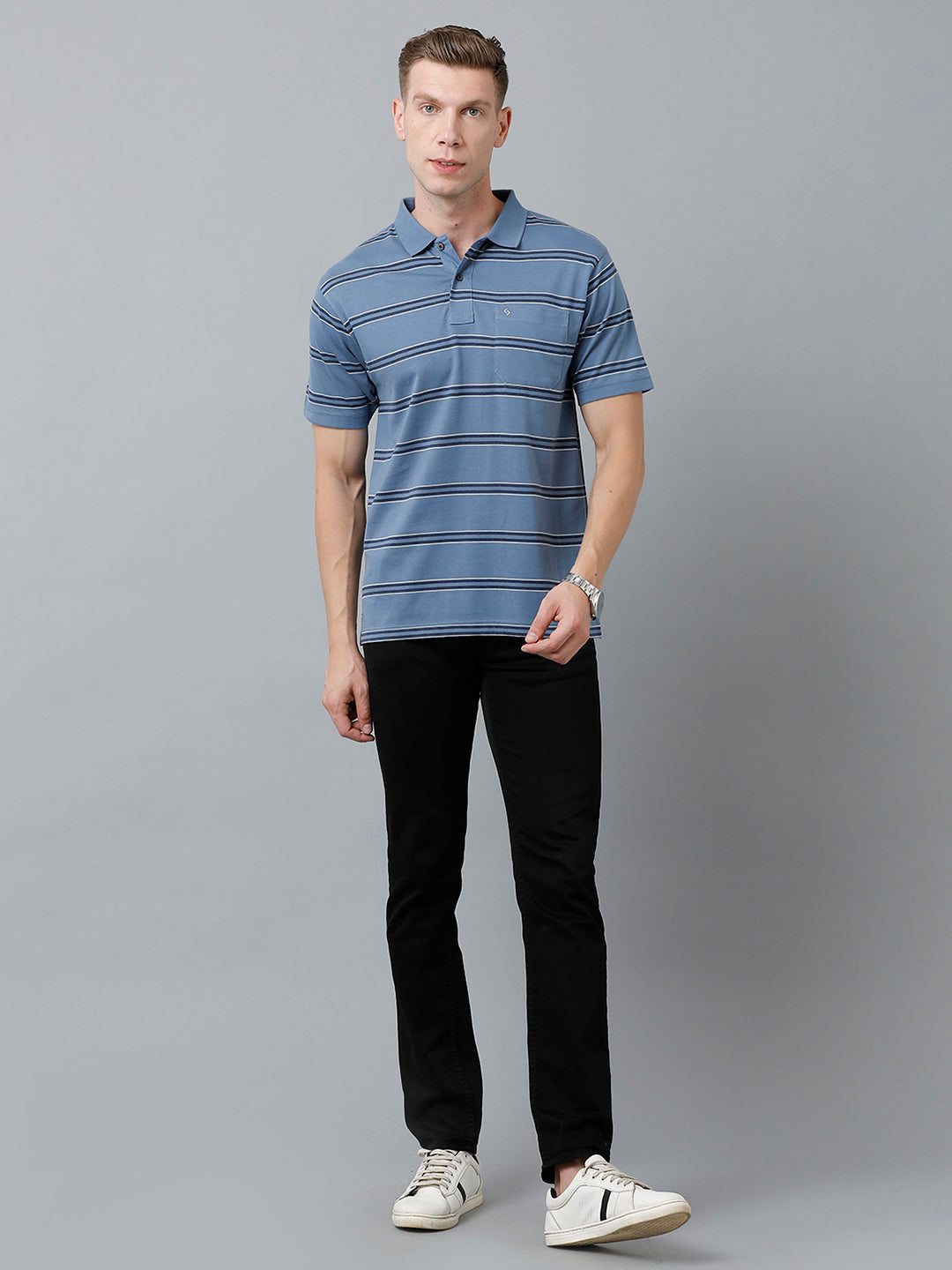 Classic Polo Men's Cotton Blend Half Sleeve Striped Authentic Fit Polo Neck Blue Color T-Shirt | Avon - 524 A