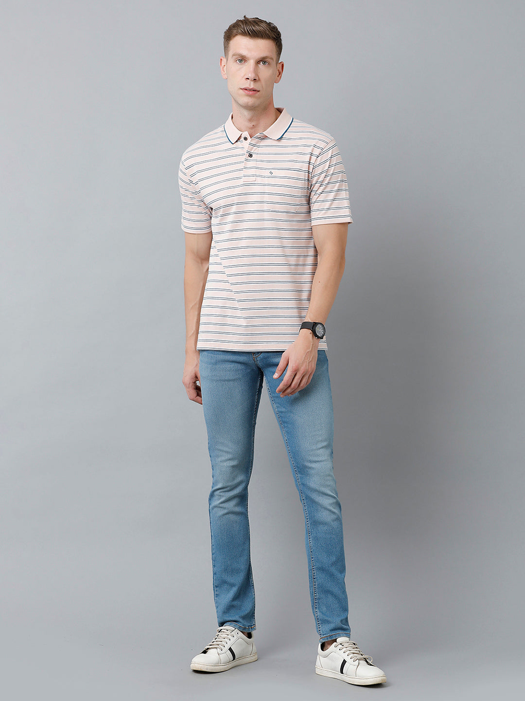 Classic Polo Men's Cotton Half Sleeve Striped Authentic Fit Polo Neck Beige Color T-Shirt | Feeders - 215 B