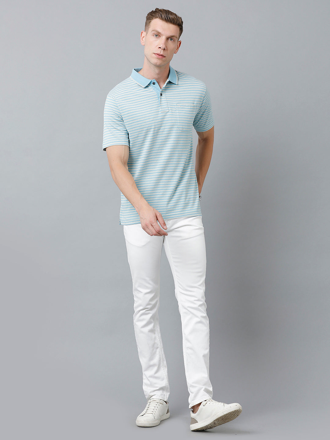 Classic Polo Men's Cotton Half Sleeve Striped Authentic Fit Polo Neck Sky Blue Color T-Shirt | Feeders - 212 B