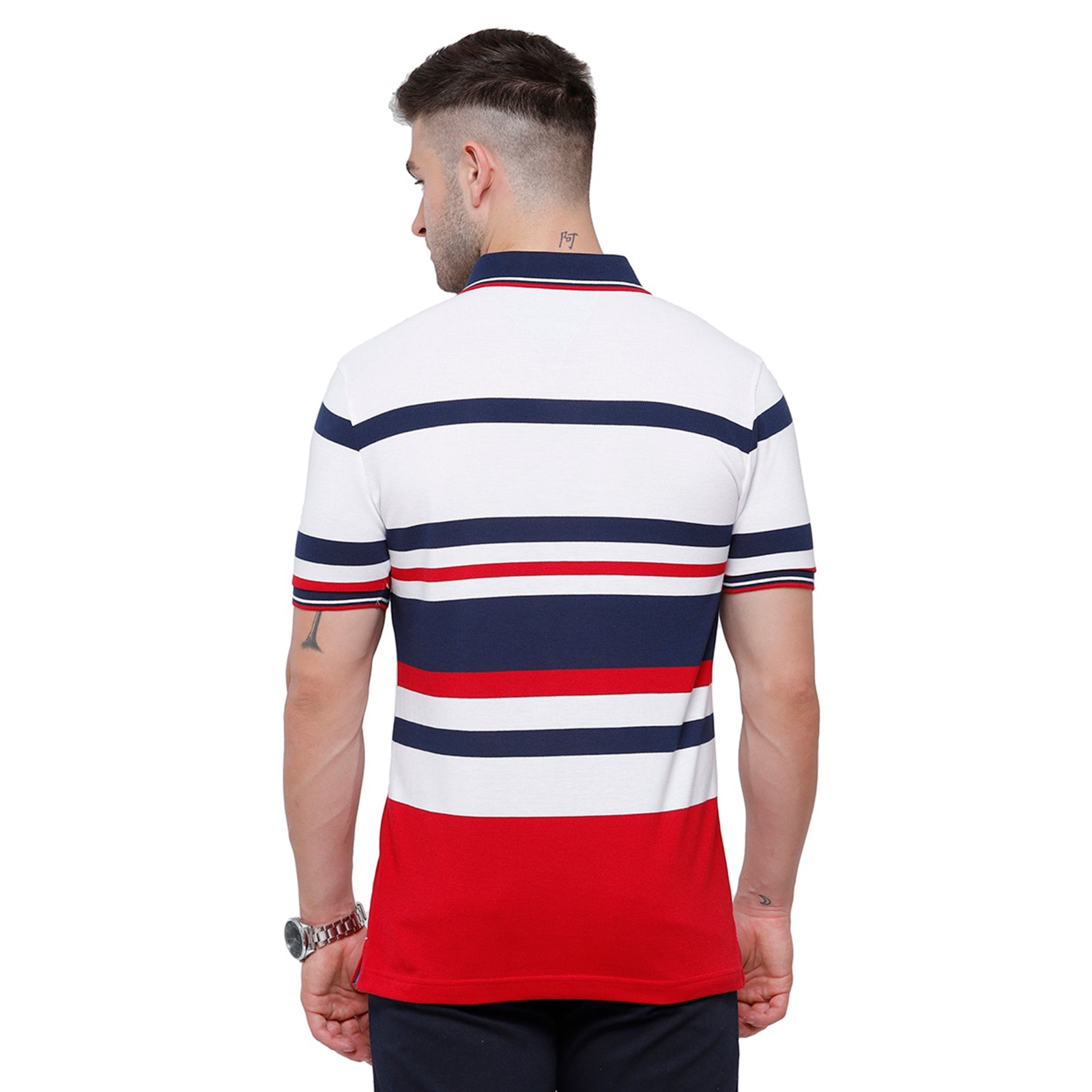 Classic Polo Mens White & Blue Stripped Half Sleeve Slim Fit Polo Neck T-Shirt - Vta 186 A T-shirt Classic Polo 