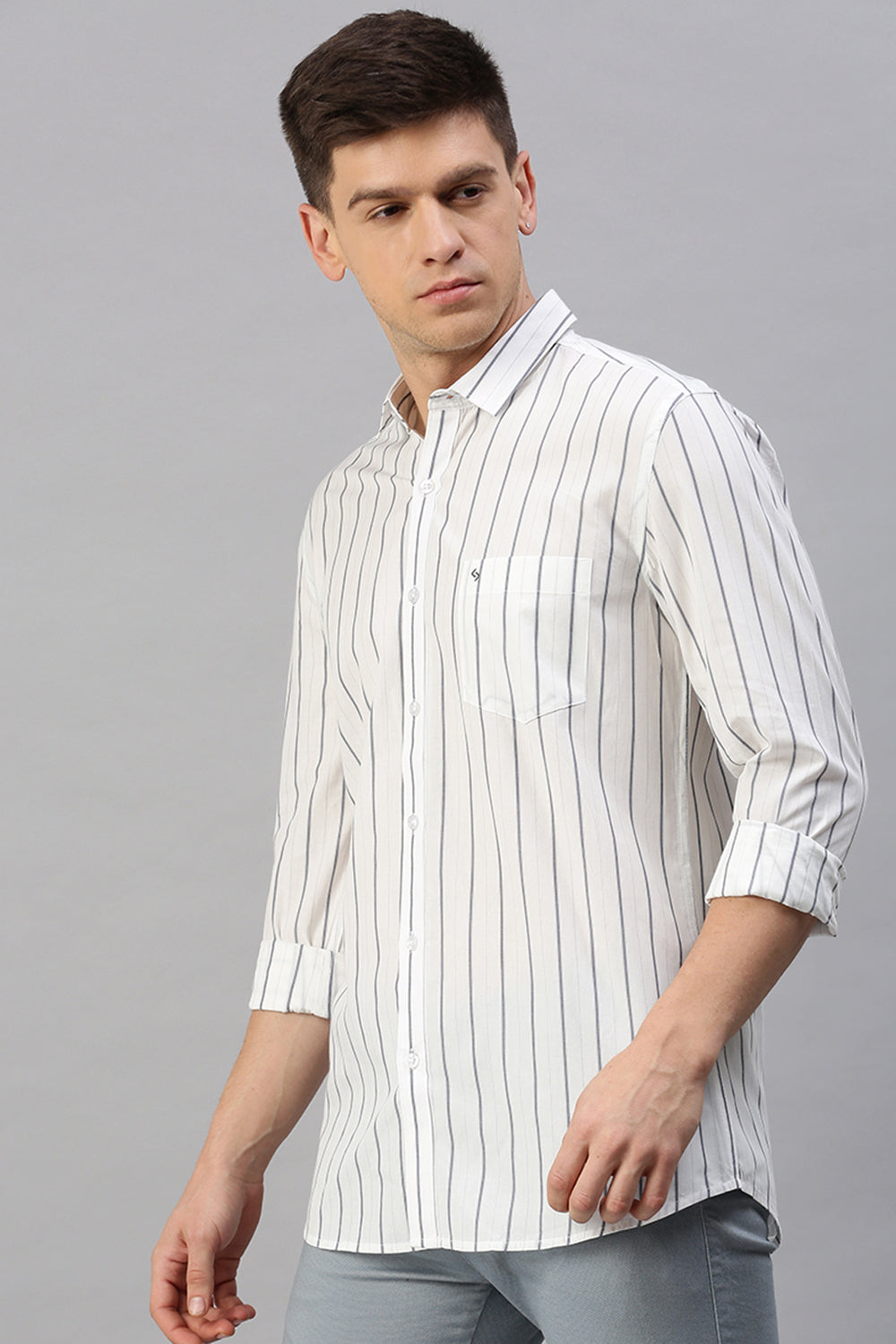 Classic Polo Men's Cotton Full Sleeve Striped Slim Fit Polo Neck White Color Woven Shirt | So1-103 A