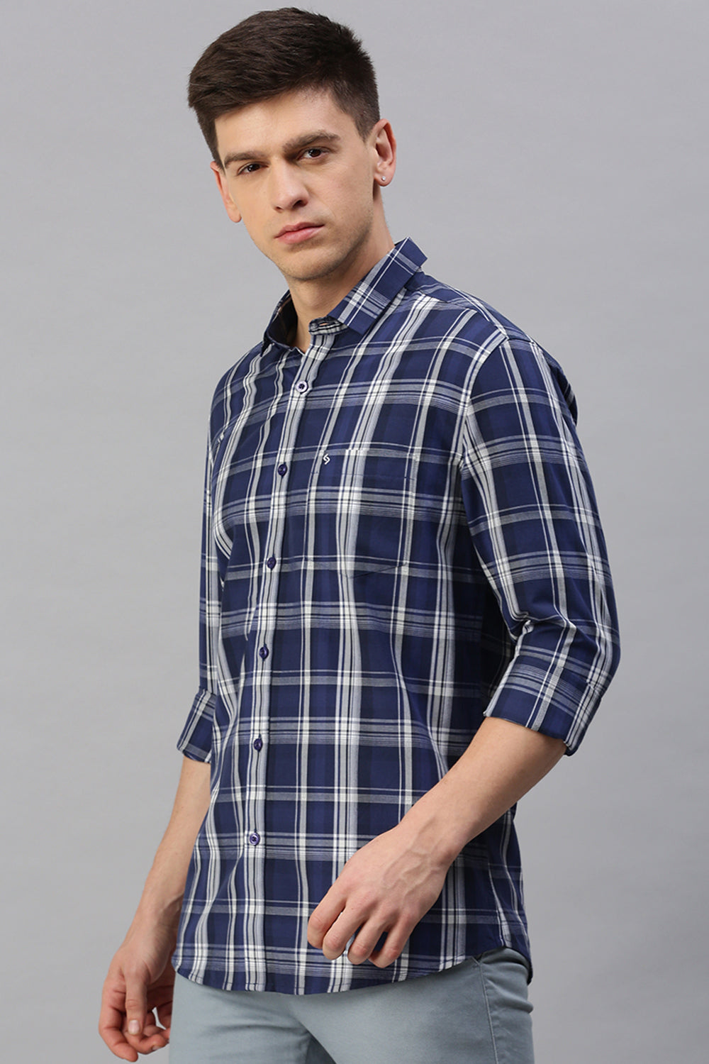 Classic Polo Men's Cotton Full Sleeve Checked Slim Fit Polo Neck Navy Color Woven Shirt | So1-134 A