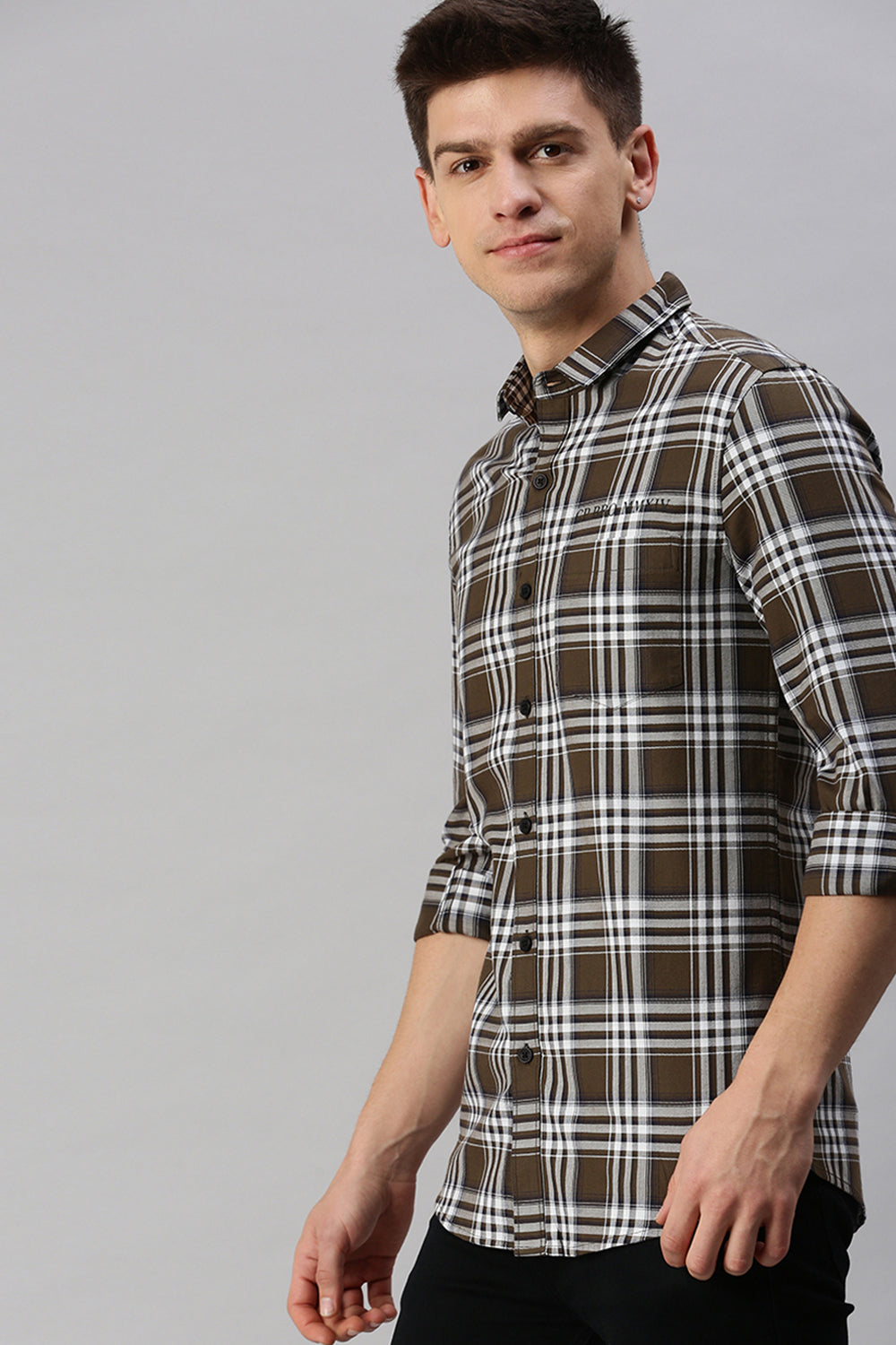 CP BRO Men's Cotton Full Sleeve Checked Slim Fit Collar Neck Brown Color Woven Shirt | Sbo1-04 B