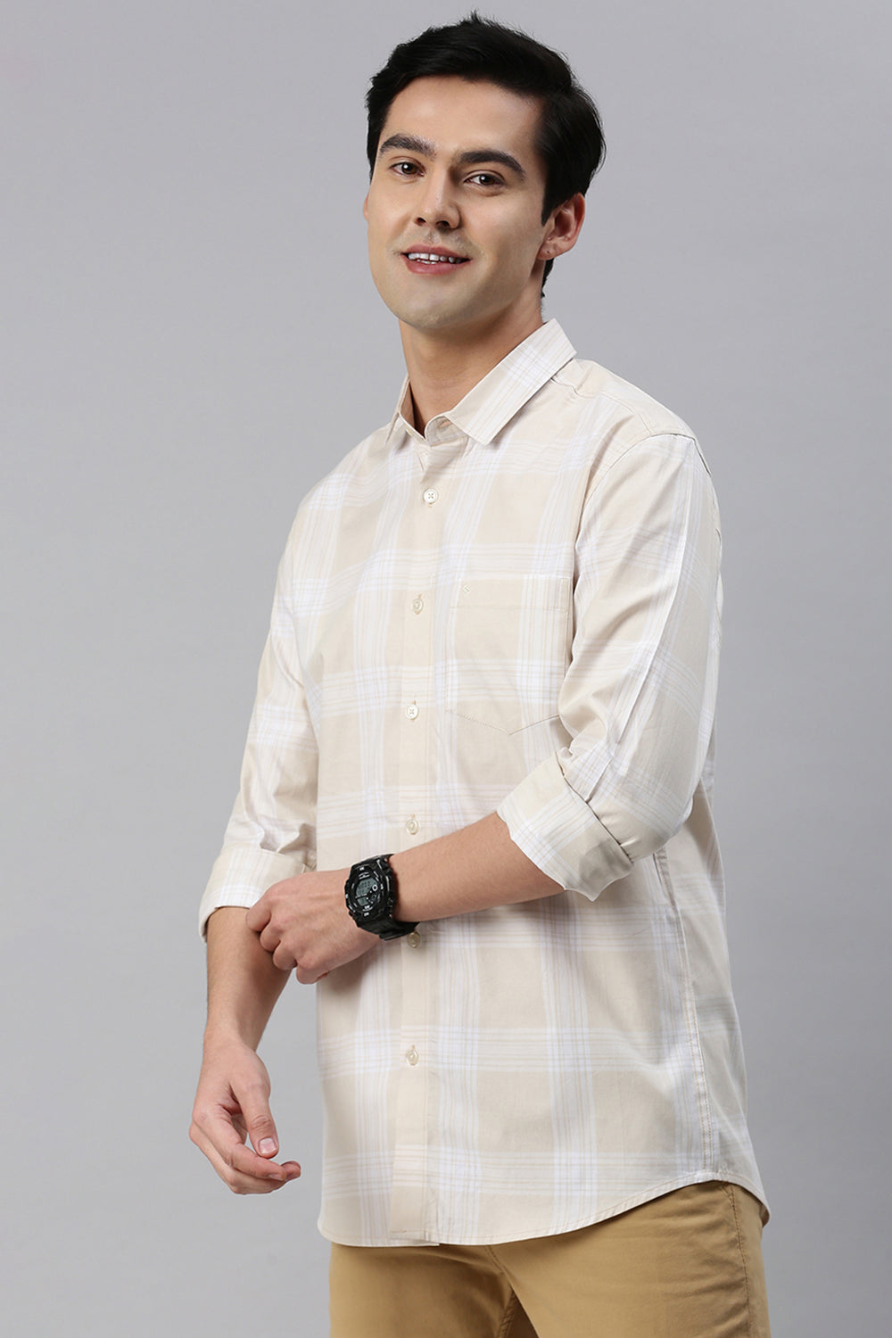 Classic Polo Men's Cotton Full Sleeve Checked Slim Fit Polo Neck Cream Color Woven Shirt | So1-46 B