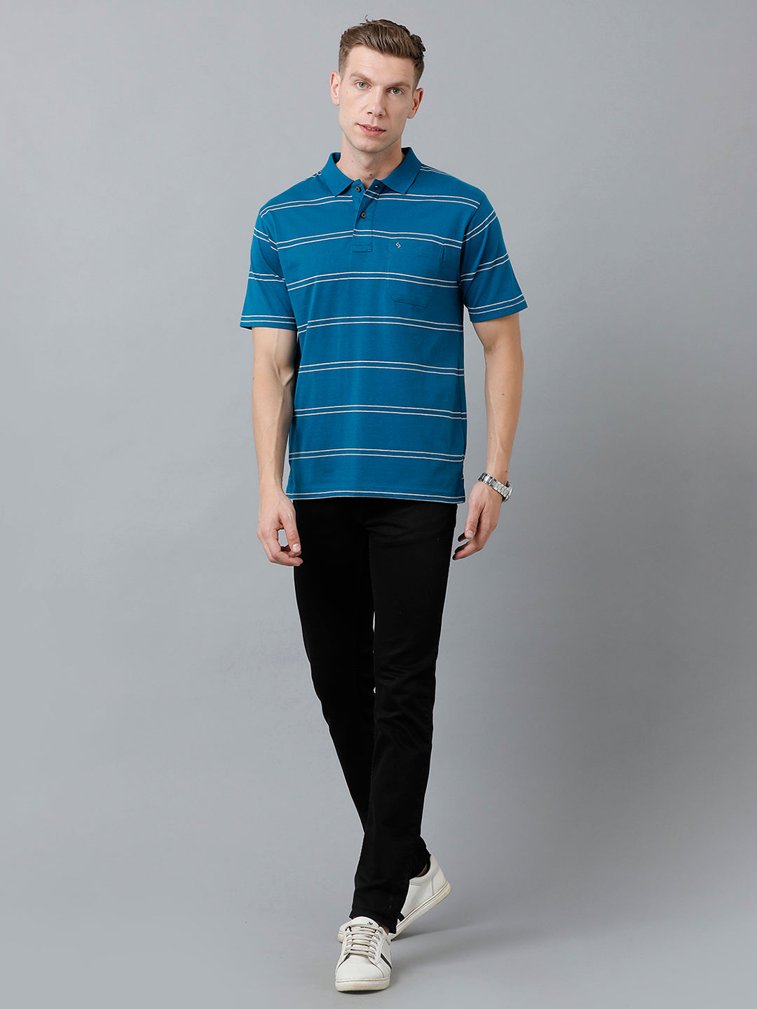 Classic Polo Men's Cotton Blend Half Sleeve Striped Authentic Fit Polo Neck Blue Color T-Shirt | Avon - 521 A