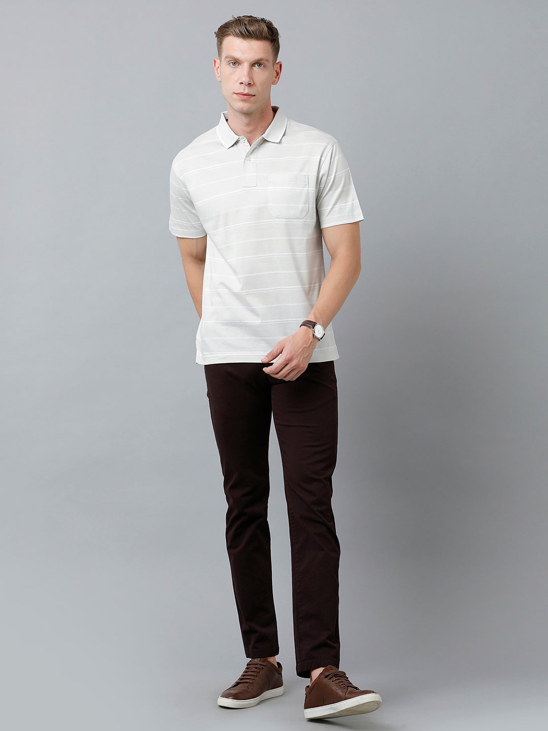 Classic Polo Men's Cotton Half Sleeve Striped Authentic Fit Polo Neck Light Grey Color T-Shirt | Ap - 88 A