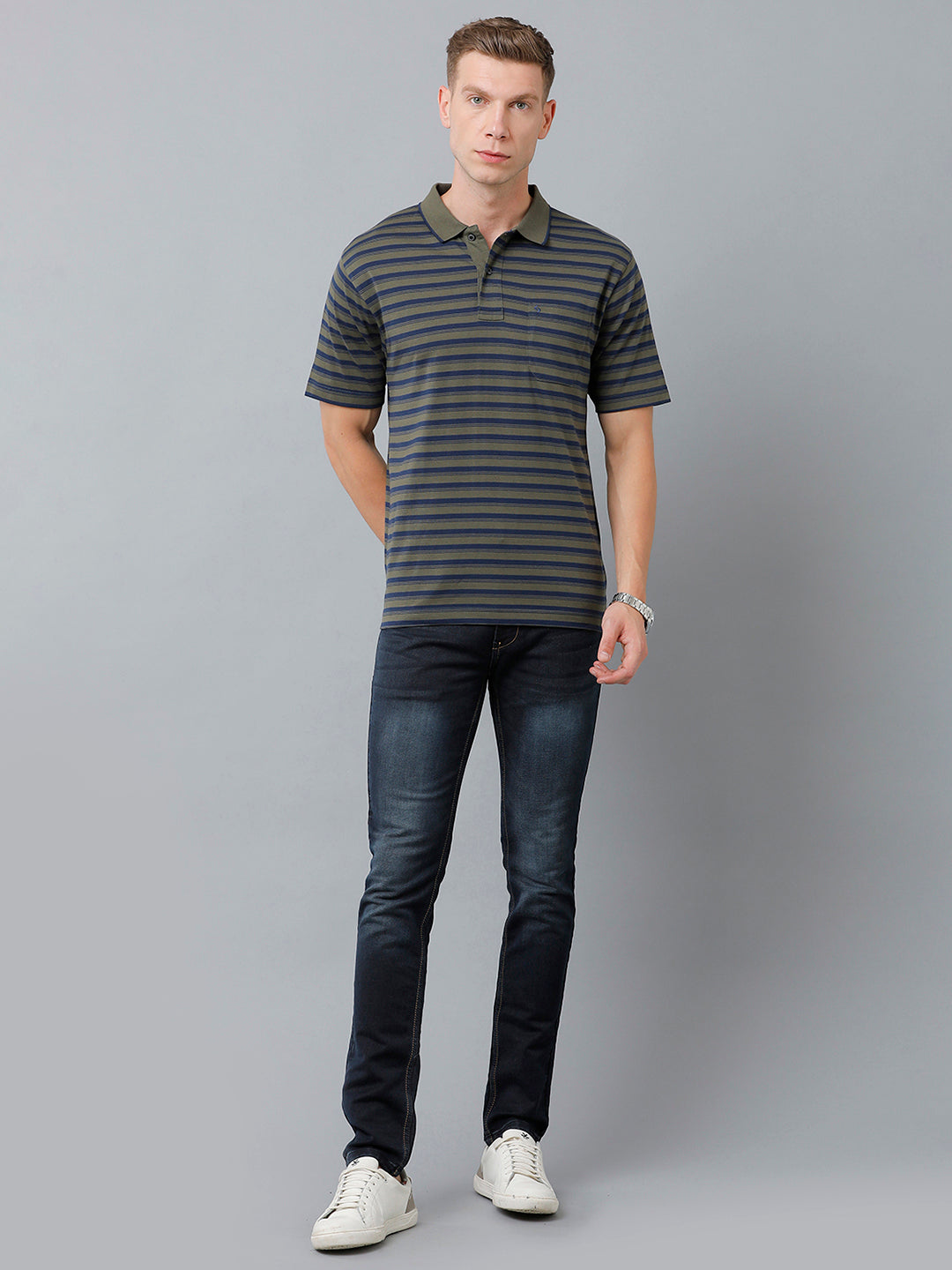 Classic Polo Men's Cotton Half Sleeve Striped Authentic Fit Polo Neck Olive Green Color T-Shirt | Feeders - 221 A