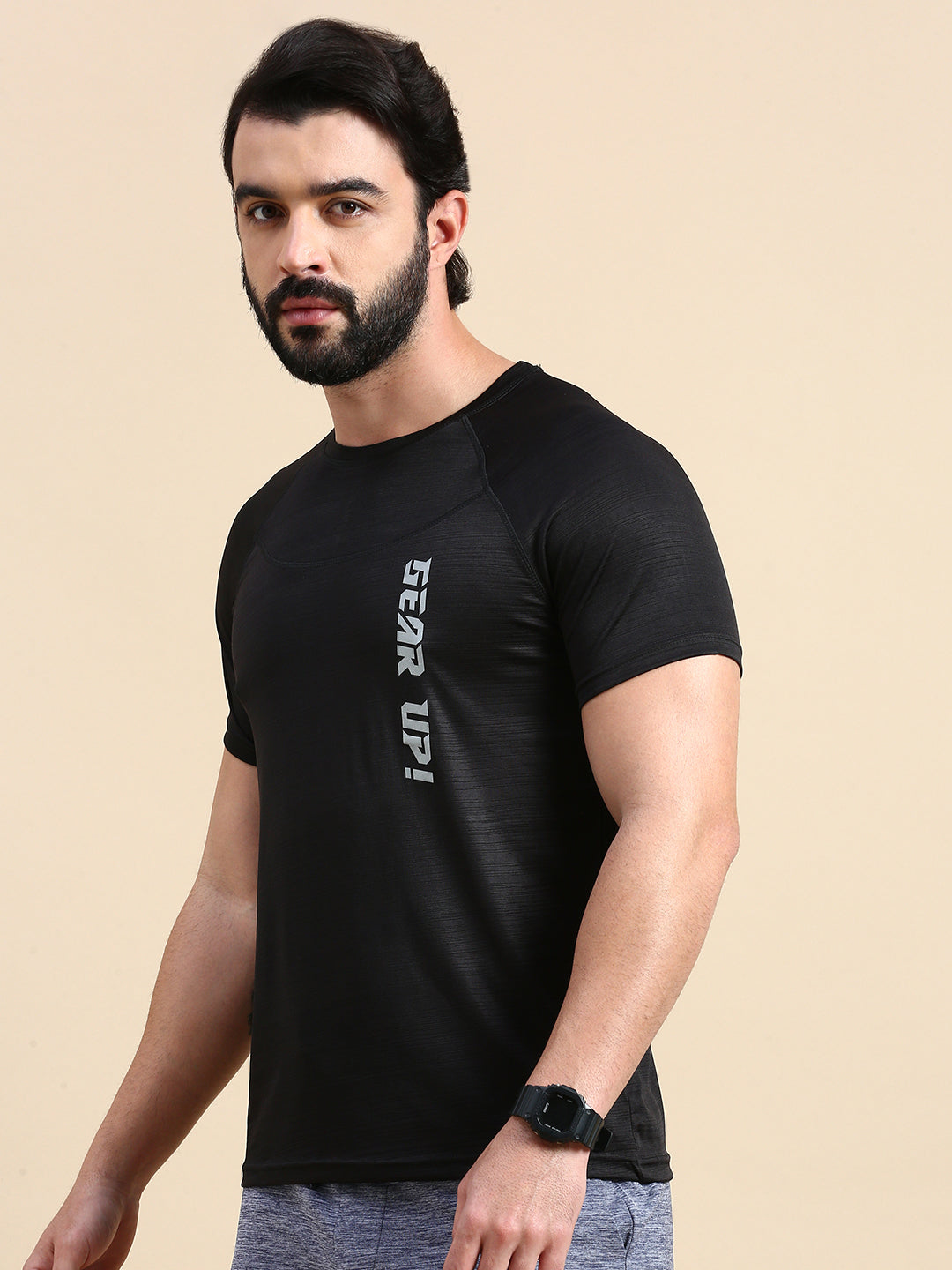 Classic Polo Men's Round Neck Polyester Black Slim Fit Active Wear T-Shirt | GENX-CREW 13B SF C