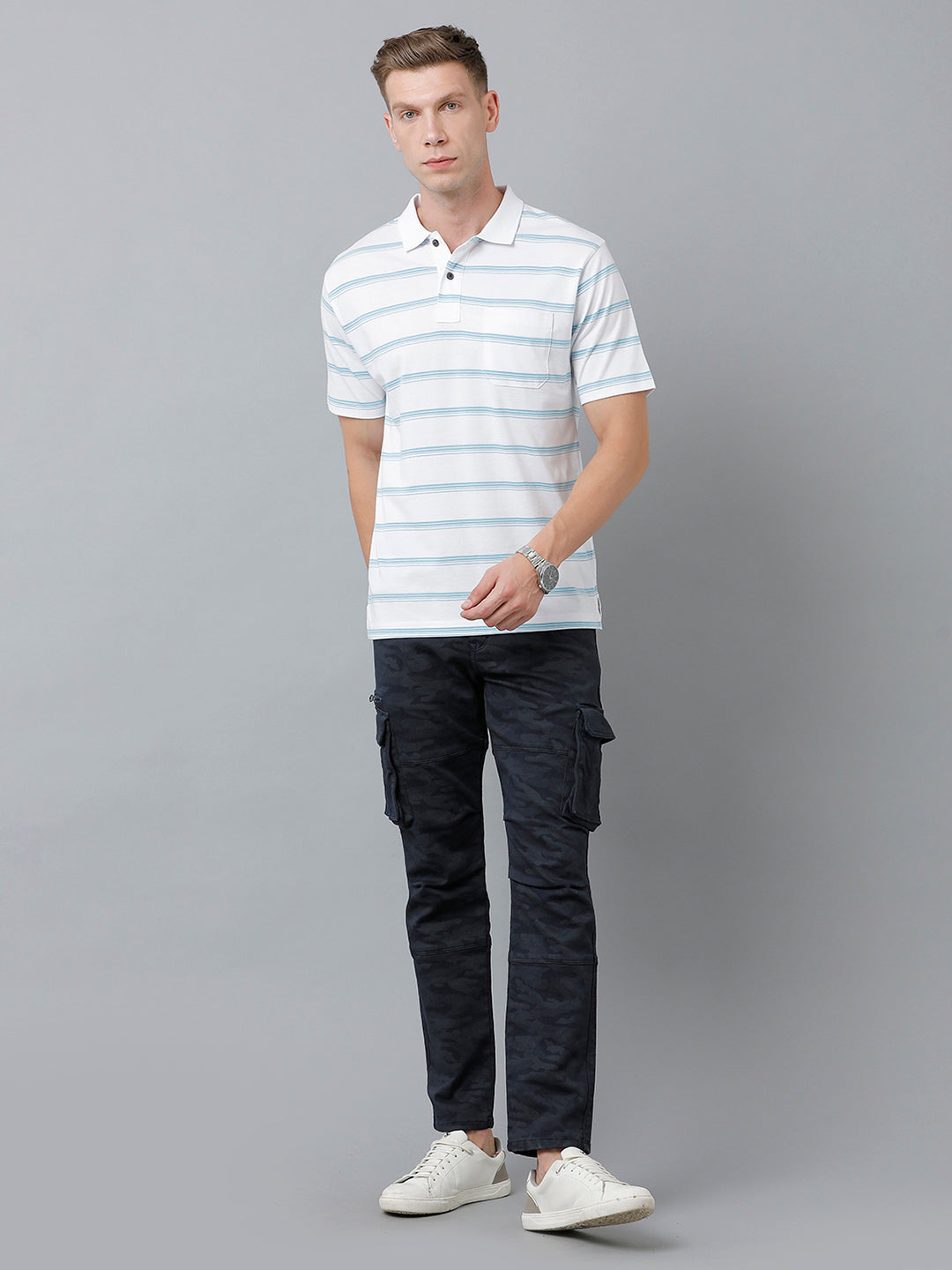 Classic Polo Men's Cotton Blend Half Sleeve Striped Authentic Fit Polo Neck White Color T-Shirt | Avon - 511 A