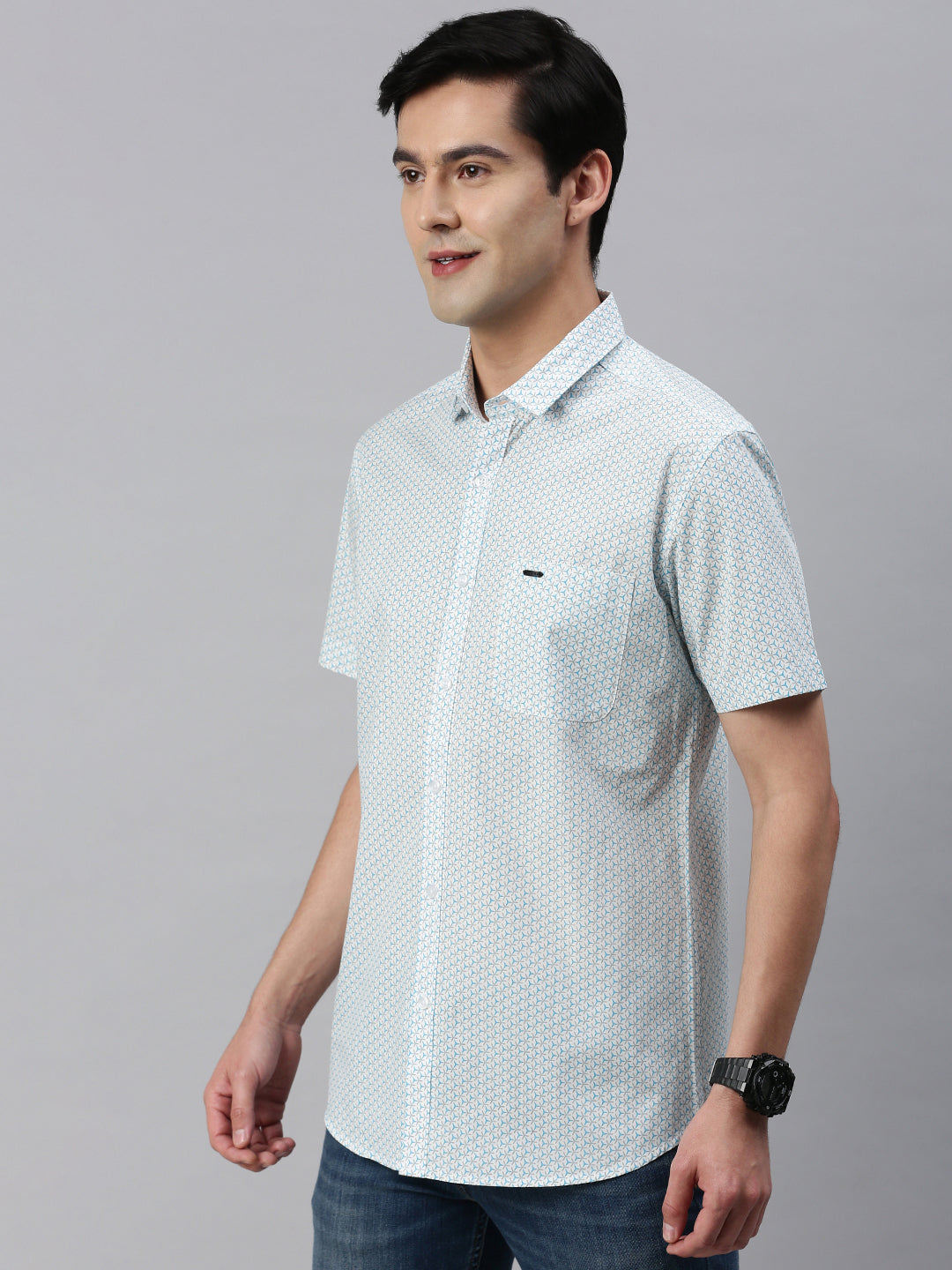 Classic Polo Men's Cotton Half Sleeve Printed Slim Fit Collar Neck Light Blue Color Woven Shirt | So1-147 B
